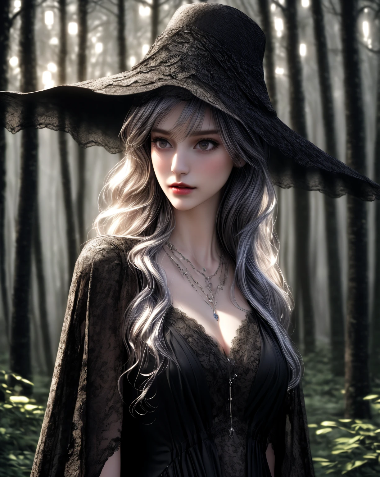 tall mysterious girl,wide brimmed hat,lace minidress,black cloak,(best quality,4k,8k,highres,masterpiece:1.2),ultra-detailed,(realistic,photorealistic,photo-realistic:1.37),intricate patterns,moonlit night,silver necklace,enchanted forest,dreamy atmosphere,soft glow,vivid colors