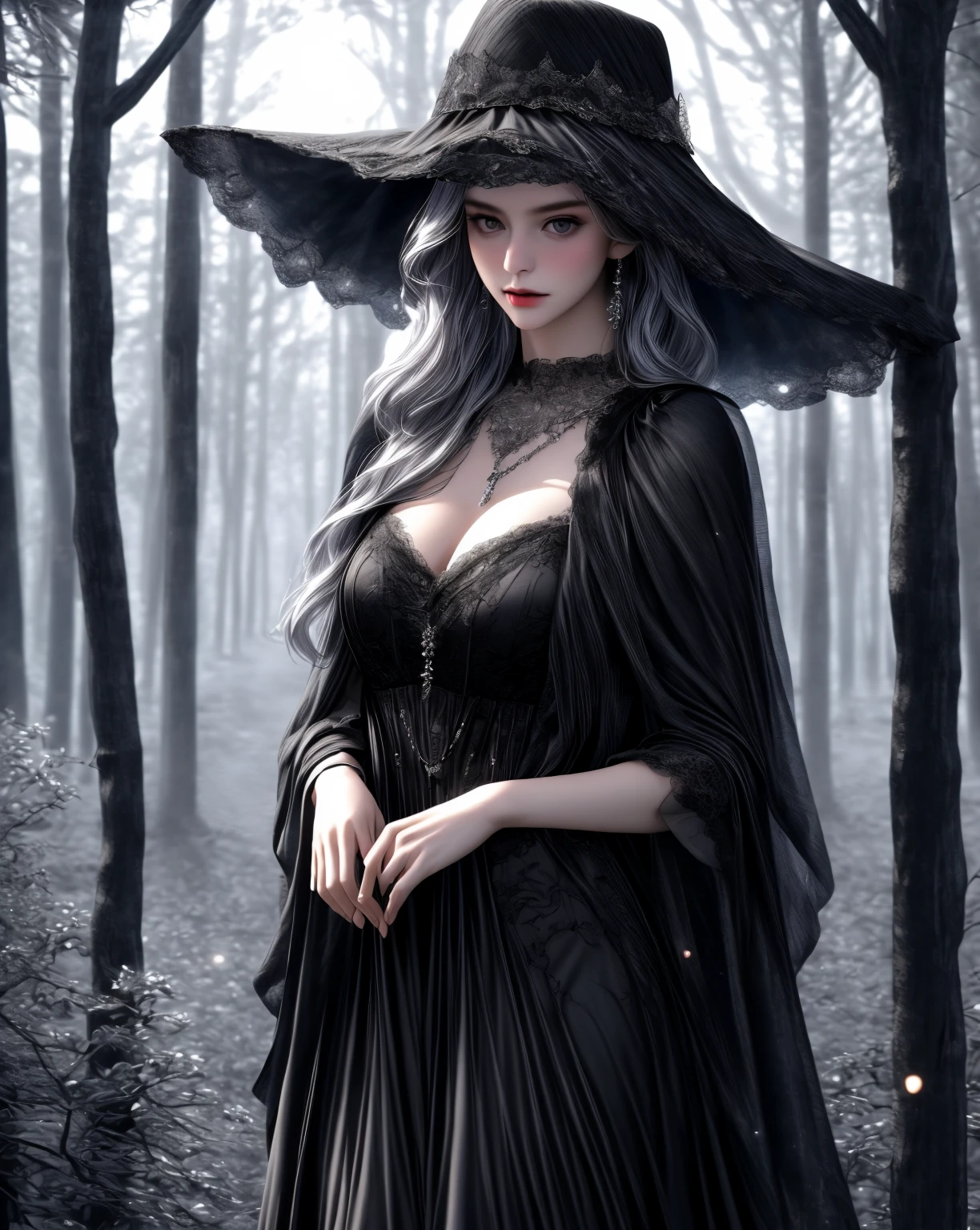 tall mysterious girl,wide brimmed hat,lace minidress,black cloak,(best quality,4k,8k,highres,masterpiece:1.2),ultra-detailed,(realistic,photorealistic,photo-realistic:1.37),intricate patterns,moonlit night,silver necklace,enchanted forest,dreamy atmosphere,soft glow,vivid colors