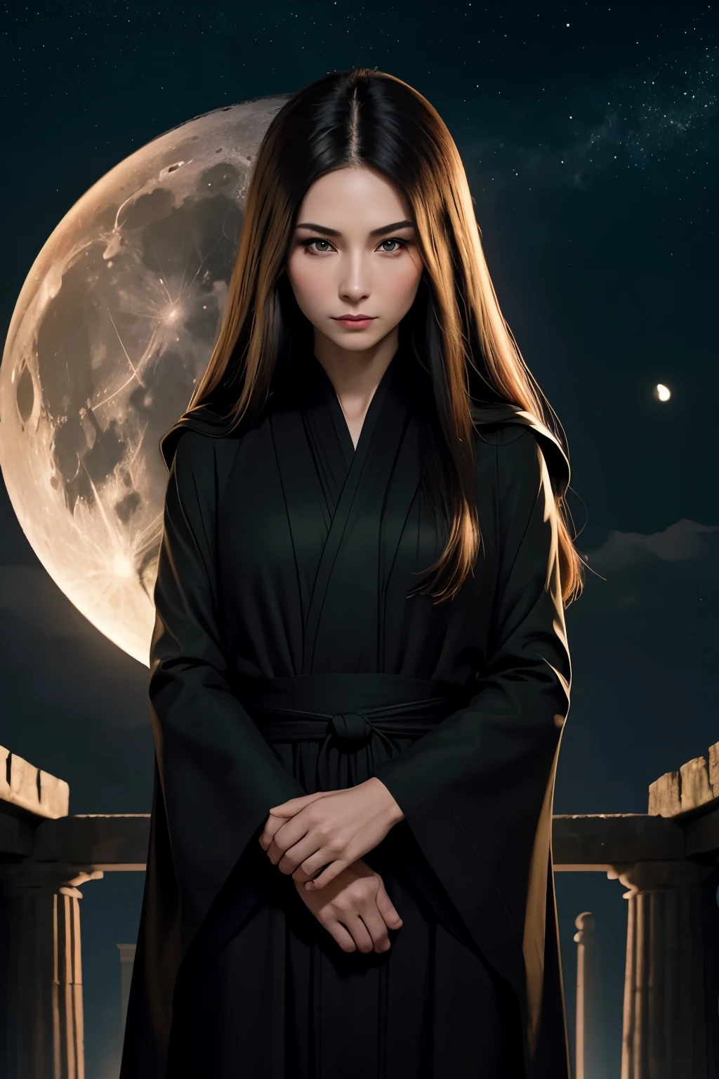 A mature 30 years old woman. Long straight brown hair. Green eyes. Small lips. Small nose. Small eyes. High cheek bones. strict facial features. Fair skin. Strict. Serious. Merciless. Wearing a black robe. In an ancient temple of the moon. Nighttime. Moon is shining.