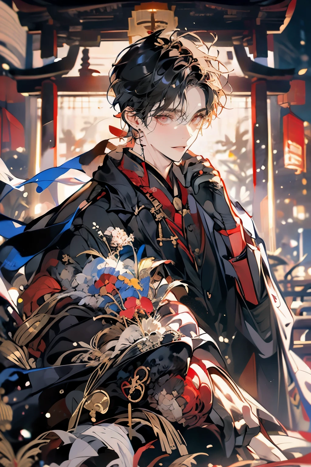 (muste piece), (best quality), very detailed, 1 boy, solo focus,perfect face, Beautiful face, very detailedな顔,(black hair:1.3),(red eyes:1.3),Light,smile,New Year,(kimono:1.4),shrine