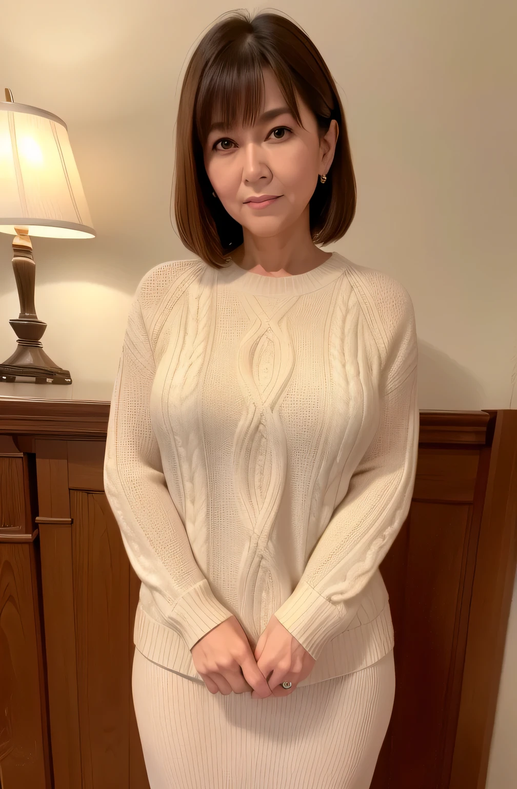 (nsfw), (masterpiece, highest quality), japanese mature, (((solo))), 40 years old, (wrinkles around the eyes:1.3), big breasts, mature woman, Glamour, Sexy, pure white skin, looking at the viewer, (super big breasts:1.35), (Wavy Longhair), (((virgin killer sweater))), smile, sit on the bed, (m legs),