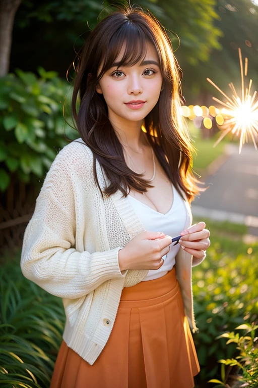 smile、night、Raw photo、(((Ultimate Beauty Portrait)))、((glowing skin))、1 girl、15 year old beautiful girl from Prague、bright look、((brown hair))、(cleavage)、(flare skirt:1.5)、((Big eyes that shine like jewels))、open cardigan、Open your clothes、pantyhose、Glossy and glossy skin、(medium hair)、(silky ponytail hair)、(standing)、(from below)、Under the skirt、(from below下着の接写)、eyeliner、beautiful bangs、hair between eyes、((masterpiece、最high quality、super detailed、film light、intricate details、High resolution、very detailed))、detailed background、8KUHD、Digital single-lens reflex camera、soft light、high quality、film grain、Fujifilm XT3 、shallow depth of field、natural soft light、Kamimei、rich bust