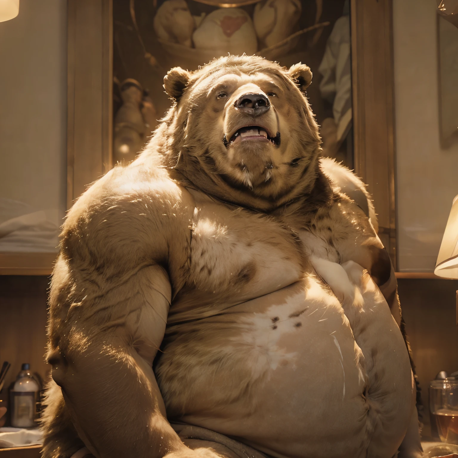 (best quality,4k,8k,highres,masterpiece:1.2),ultra-detailed,(realistic,photorealistic,photo-realistic:1.37),furry,man,strong,exposed,fat,chubby,bear