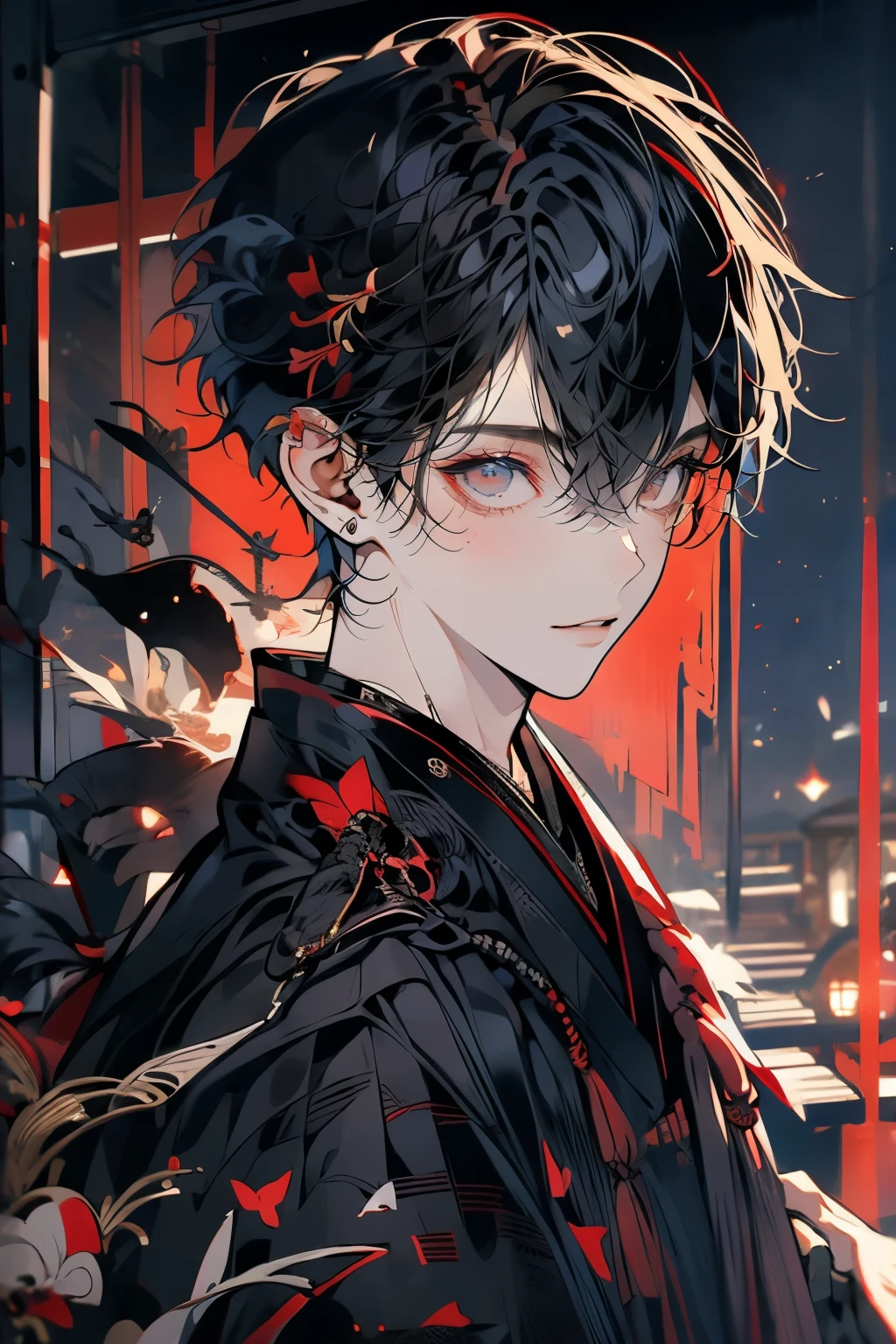 (muste piece), (best quality), very detailed, 1 boy, solo focus,perfect face, Beautiful face, very detailedな顔,(black hair:1.3),(red eyes:1.3),Light,smile,New Year,(kimono:1.4),shrine
