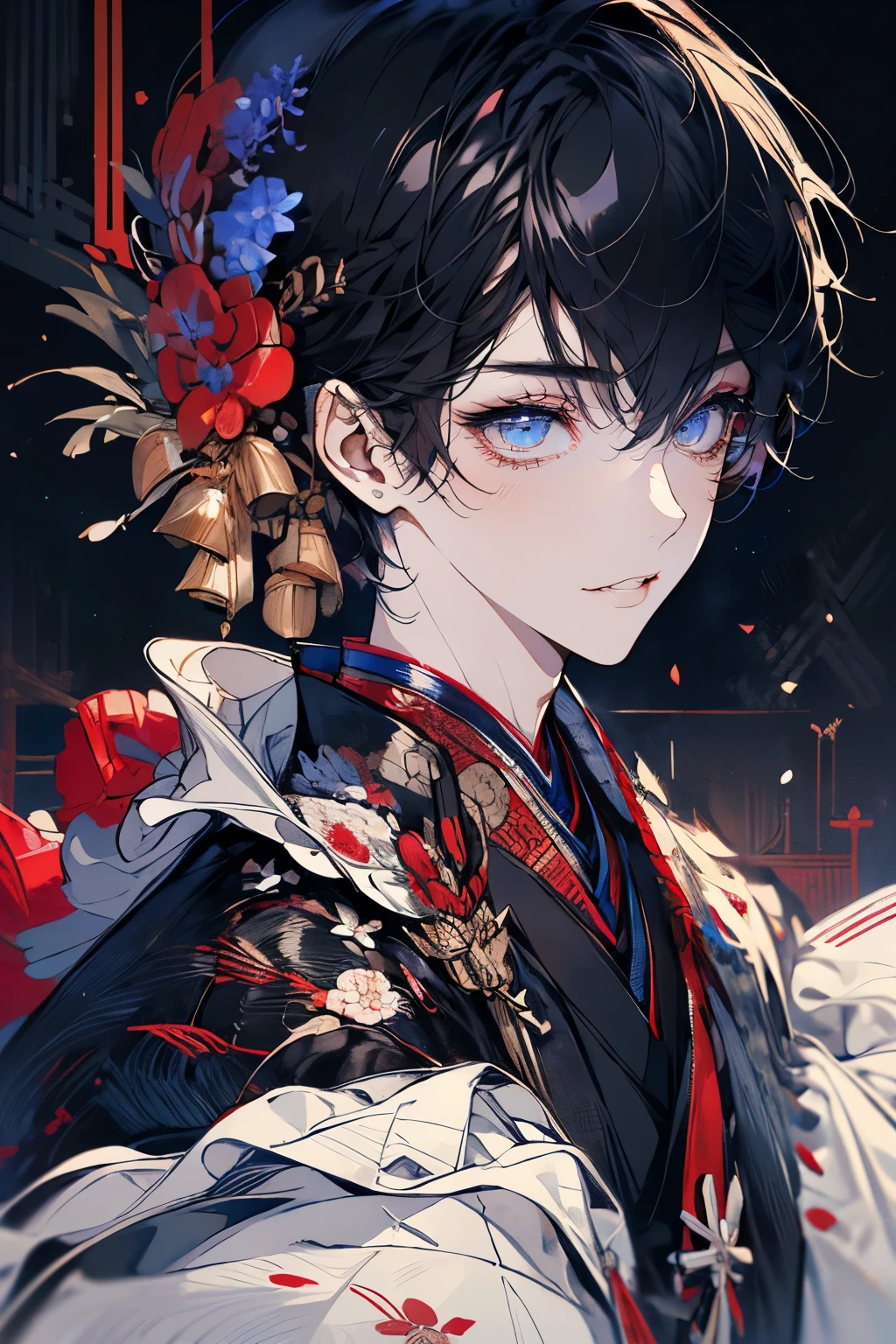 (muste piece), (best quality), very detailed, 1 boy, solo focus，perfect face, Beautiful face, very detailedな顔，(black hair:1.3)，(red eyes:1.3)，Light，smile，New Year，(kimono:1.4)，shrine