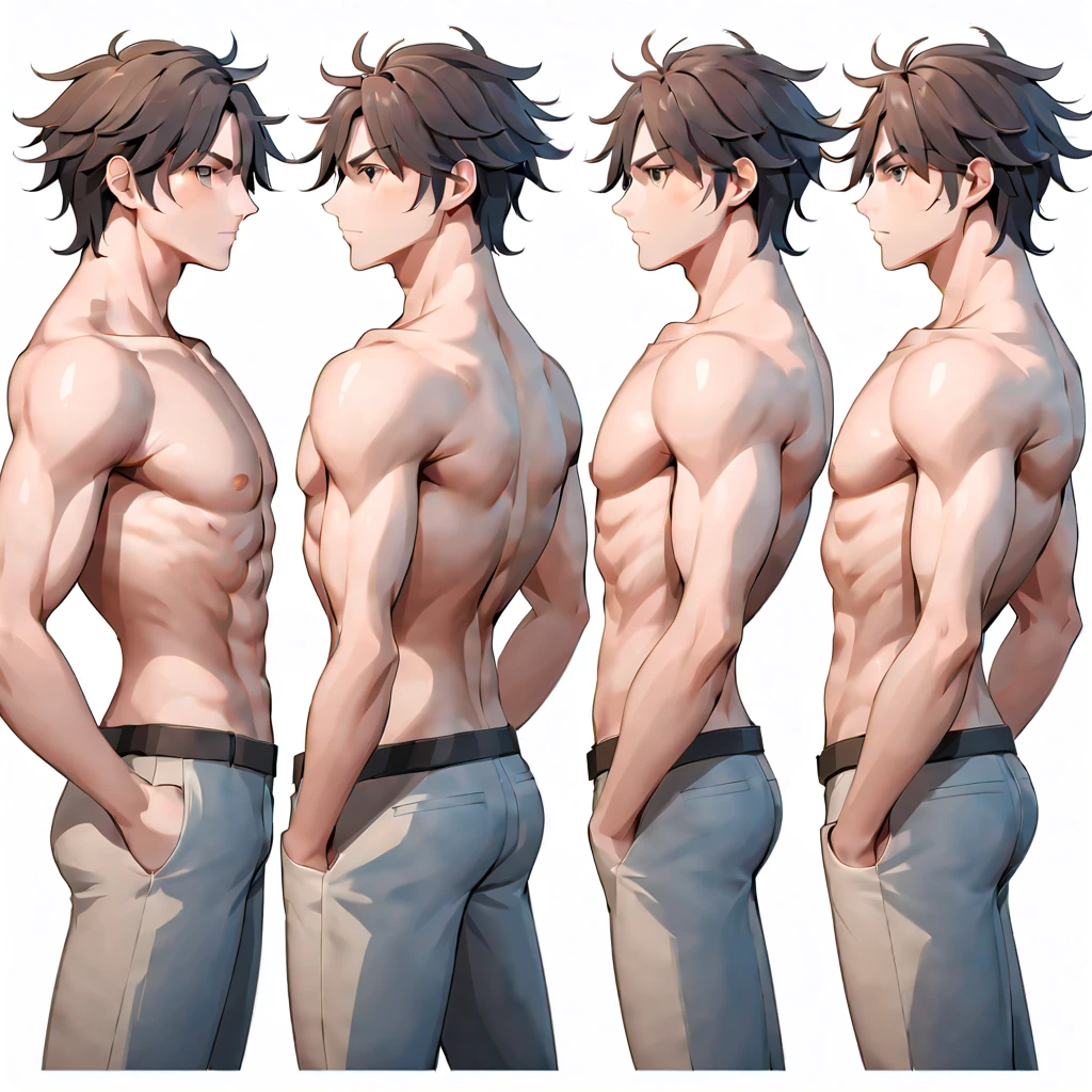 Three-dimensional view of male character's whole body, Three-dimensional view of the whole body of a male character, Full body display of a male character, Three-way display view, Game male character design, front/Different perspectives from the side and back appear in the same picture
