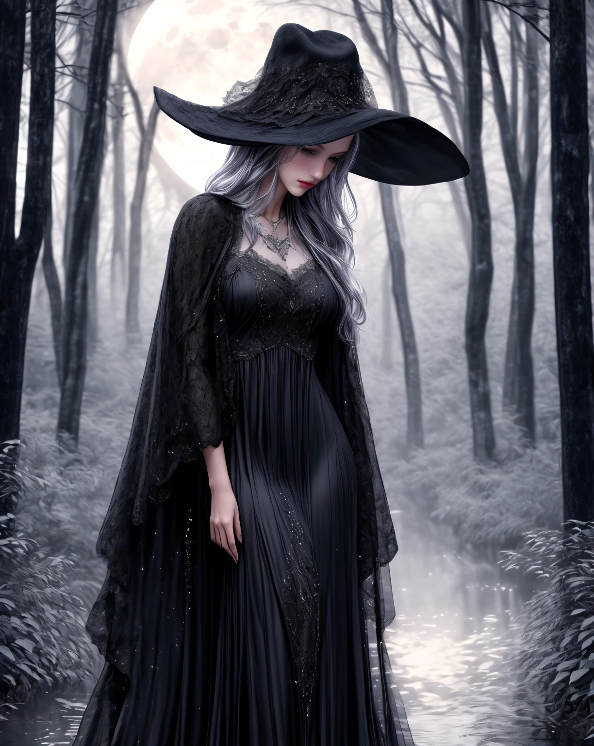 tall mysterious girl,wide brimmed hat,lace minidress,black cloak,(best quality,4k,8k,highres,masterpiece:1.2),ultra-detailed,(realistic,photorealistic,photo-realistic:1.37),intricate patterns,moonlit night,silver necklace,enchanted forest,dreamy atmosphere,soft glow,vivid colors, looking sexy