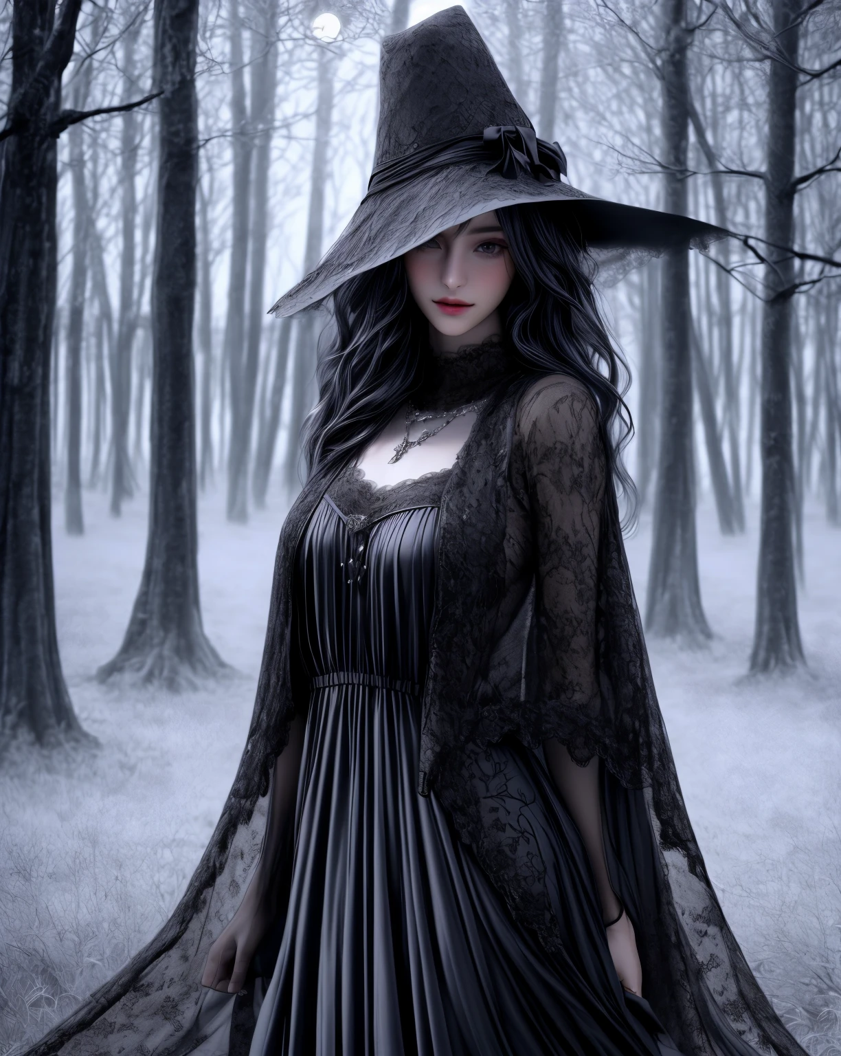 tall mysterious girl,wide brimmed hat,lace minidress,black cloak,(best quality,4k,8k,highres,masterpiece:1.2),ultra-detailed,(realistic,photorealistic,photo-realistic:1.37),intricate patterns,moonlit night,silver necklace,enchanted forest,dreamy atmosphere,soft glow,vivid colors, looking sexy