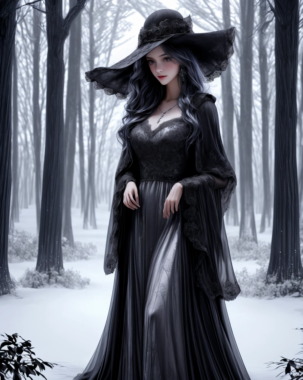 tall mysterious girl,wide brimmed hat,lace minidress,black cloak,(best quality,4k,8k,highres,masterpiece:1.2),ultra-detailed,(realistic,photorealistic,photo-realistic:1.37),intricate patterns,moonlit night,silver necklace,enchanted forest,dreamy atmosphere,soft glow,vivid colors, looking sexy