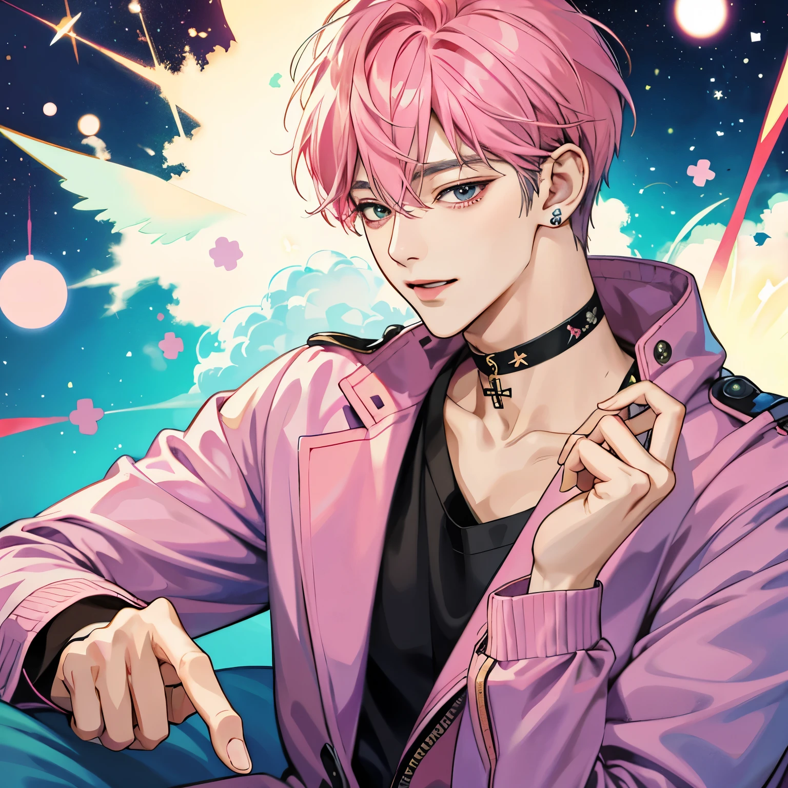 Guviz-style artwork, Made at Anime Painter Studio, anime realismスタイル, realistic anime art style, Drawn at Anime Painter Studio, Inspired by Kim Taehyung, In an anime style, anime handsome guy, Inspired by Kim Taehyung, anime realism、pink hair、A sloppy smile、choker、Multiple piercings、Man with short hair、Male one、Inspired by Kim Taehyung、Inspired by Kim Taehyung、Sleep in bed、cross-eyed、stick out your tongue、Screaming in pain、it hurts、peace sign、detailed hands