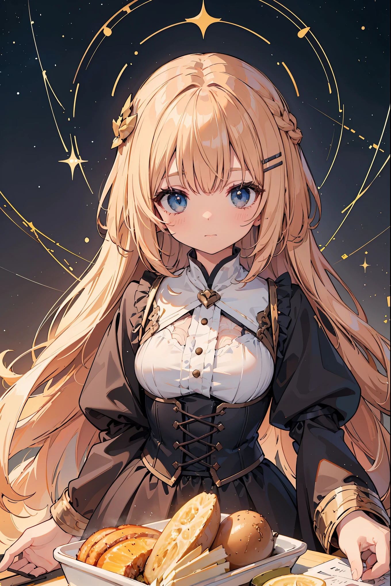 (disorganized, absolute resolution, super detailed、highest quality、masterpiece), 1 girl, goddess of constellations , alone,　mature body, baroque, Longer dress, corset、long sleeve, elegant, colorful, best details, upper body whole body , bob cut hair in the front、Braid、hair clip、 .. Brave, deliberately, productive, The enterprising face of humanitarian aid .Detailed and detailed background with depth
