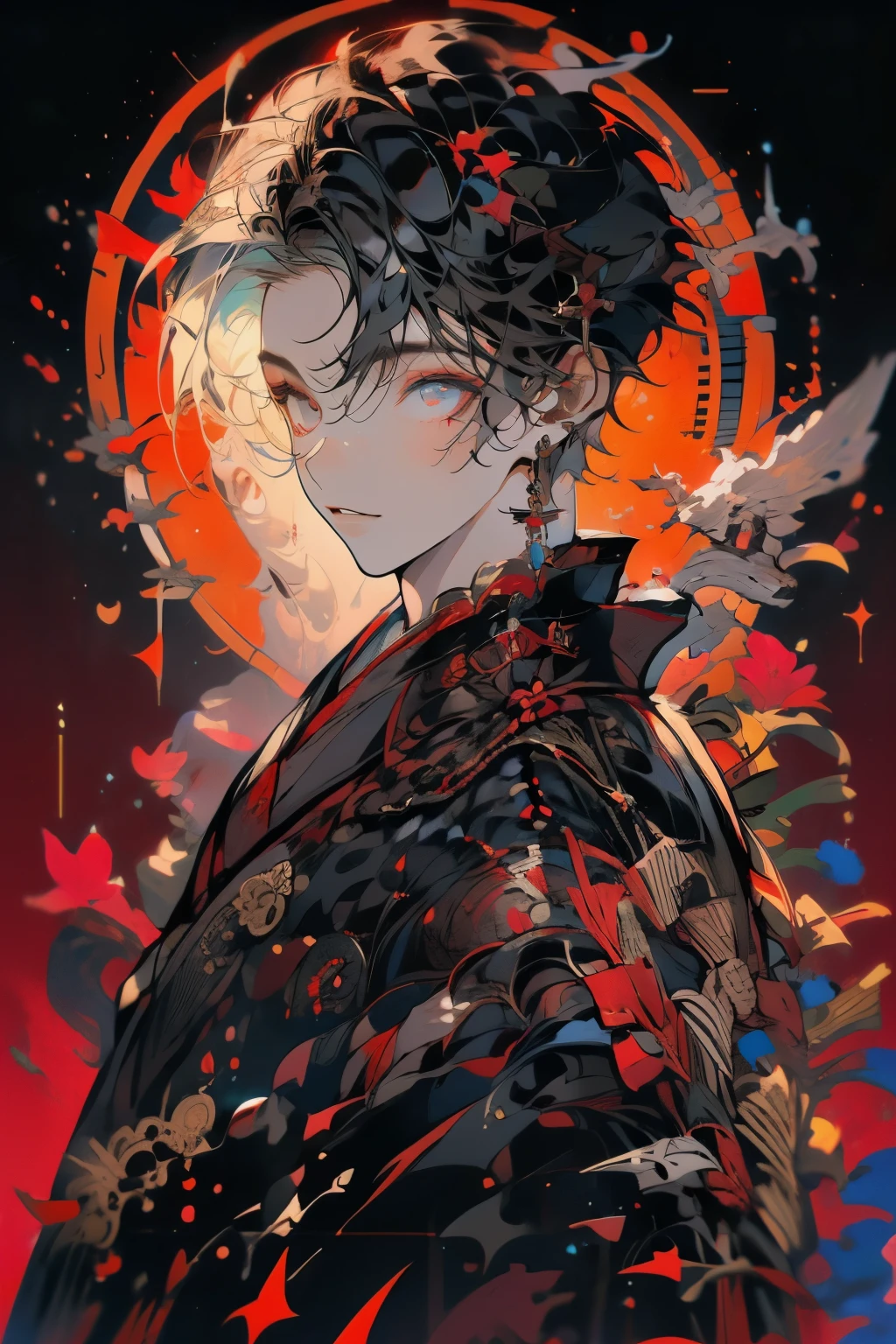(muste piece), (best quality), very detailed, 1 boy, solo focus，perfect face, Beautiful face, very detailedな顔，(black hair:1.3)，(red eyes:1.3)，Light，smile，New Year，(kimono:1.4)，shrine