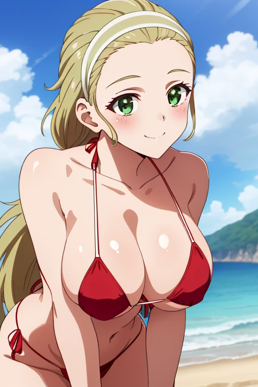 (​masterpiece, top-quality, detaile, hight resolution, extremely delicate and beautiful, anime colours, 8k, photorealistic), akebi sasaki, hairband, long hair, 1girl, dark green eyes, smile, blush, (red Micro Bikini:1.5), (huge drooping breasts:2.0, cleavage, erect nipples), (Leaning forward:1.5, arms down:1.5), (slender, Upper body), (perfect detailed anatomy, Beauty details eyes, Shiny skin, beautiful breasts and cleavage), thick outline, beach, wet