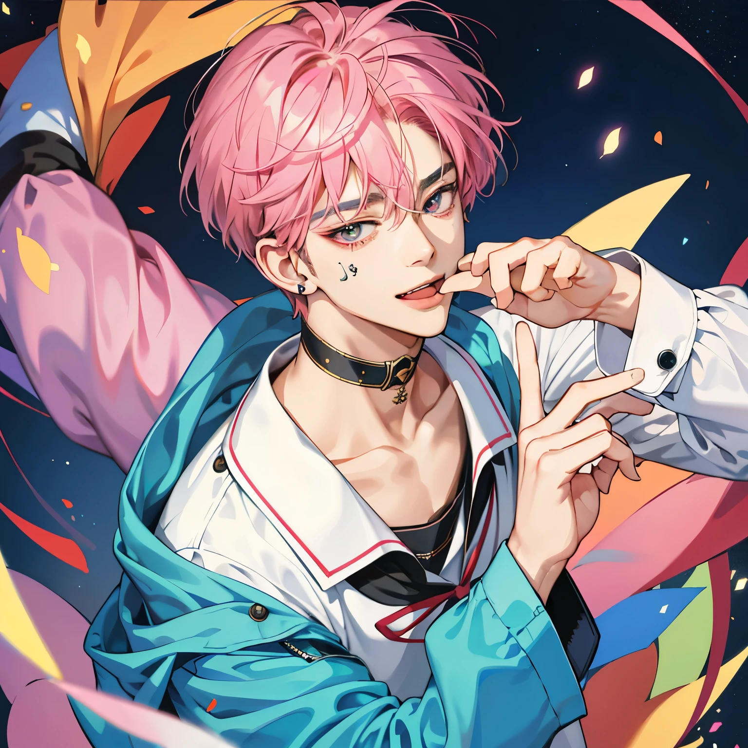 Guviz-style artwork, Made at Anime Painter Studio, anime realismスタイル, realistic anime art style, Drawn at Anime Painter Studio, Inspired by Kim Taehyung, In an anime style, anime handsome guy, Inspired by Kim Taehyung, anime realism、pink hair、A sloppy smile、choker、Multiple piercings、Man with short hair、Male one、Inspired by Kim Taehyung、Inspired by Kim Taehyung、Sleep in bed、cross-eyed、stick out your tongue、Screaming in pain、it hurts、peace sign