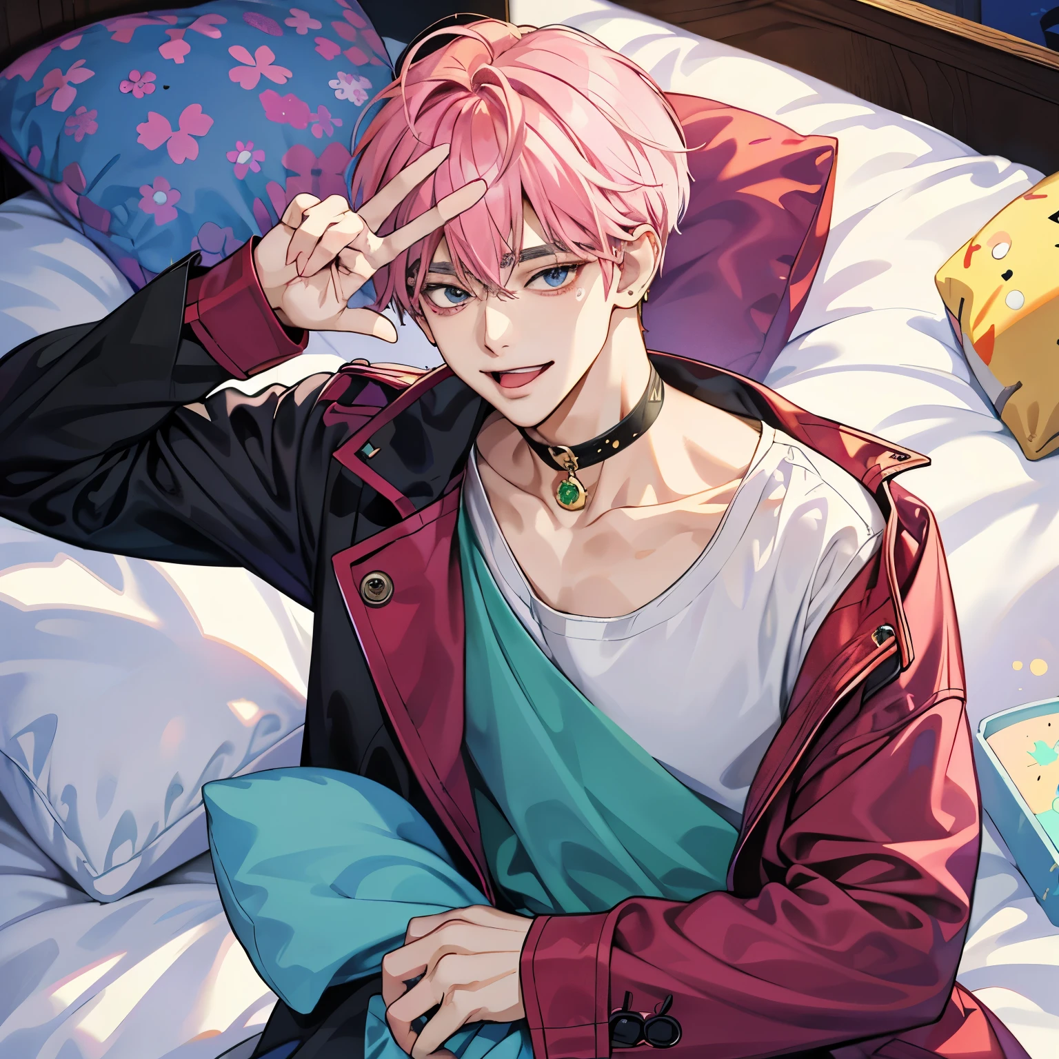 Guviz-style artwork, Made at Anime Painter Studio, anime realismスタイル, realistic anime art style, Drawn at Anime Painter Studio, Inspired by Kim Taehyung, In an anime style, anime handsome guy, Inspired by Kim Taehyung, anime realism、pink hair、A sloppy smile、choker、Multiple piercings、Man with short hair、Male one、Inspired by Kim Taehyung、Inspired by Kim Taehyung、Sleep in bed、cross-eyed、stick out your tongue、Screaming in pain、it hurts、peace sign