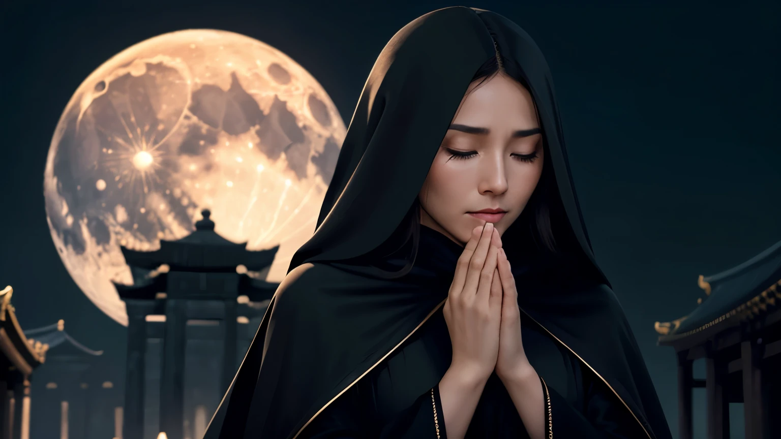 A mature 30 years old woman. Long straight brown hair. Small lips. Small nose. Small eyes. High cheek bones. strict facial features. Fair skin. Crying. Sad. Full of tears. Eyes closed. Wearing a black robe and a black veil over her face. In an ancient temple of the moon. Nighttime. Moon is shining. 