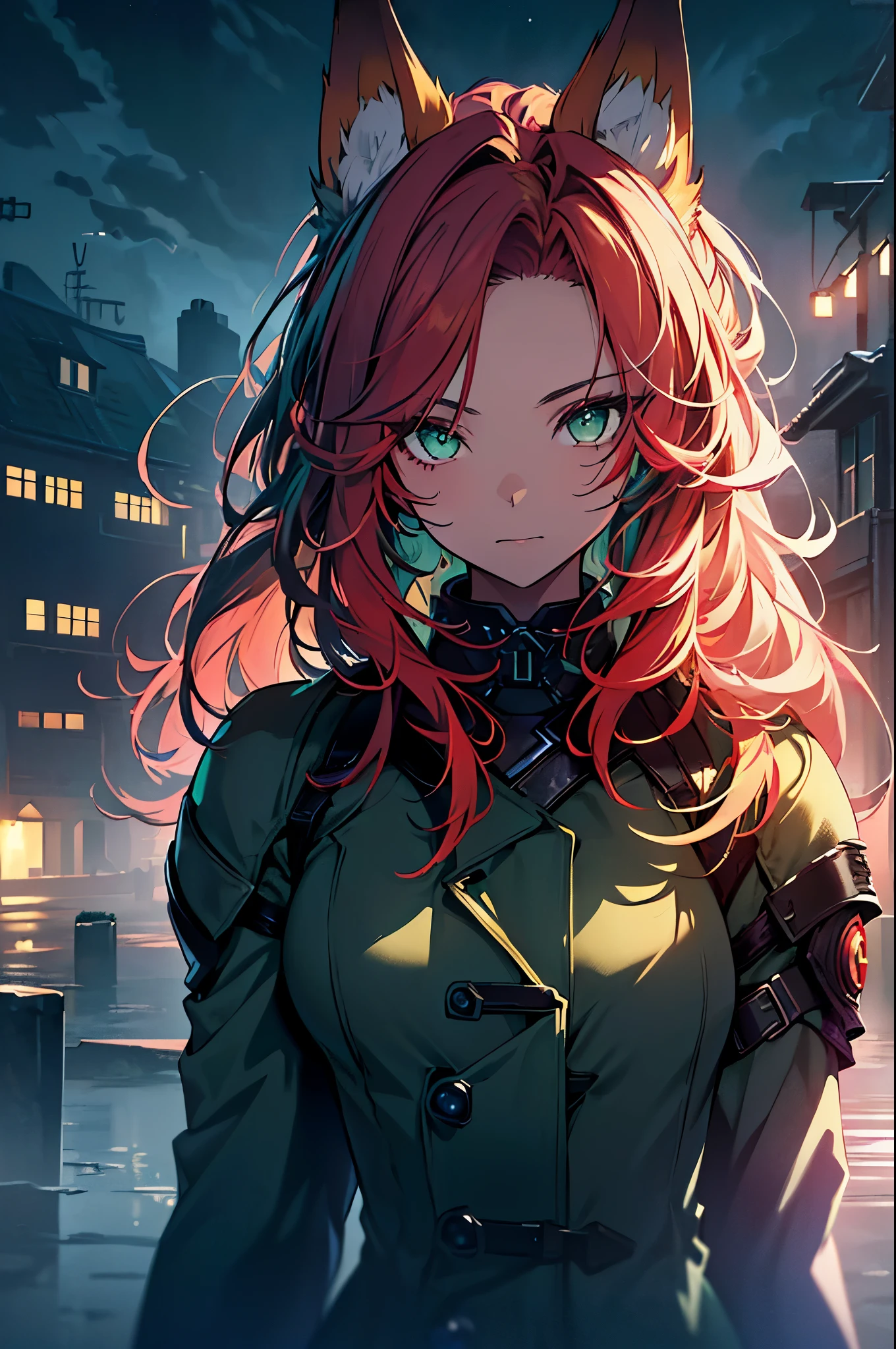 masterpiece, best quality, ((((1woman)))), (colorful),(finely detailed beautiful eyes and detailed face),cinematic lighting,extremely detailed CG unity 8k wallpaper, sky, cloudy_sky, building, moonlight, moon, night, (dark theme:1.3), light, fantasy, ((Green eyes)) ((red Hair)) ((girl)), ((Fox ears)), ((Green overcoat)), ((Tech armor))