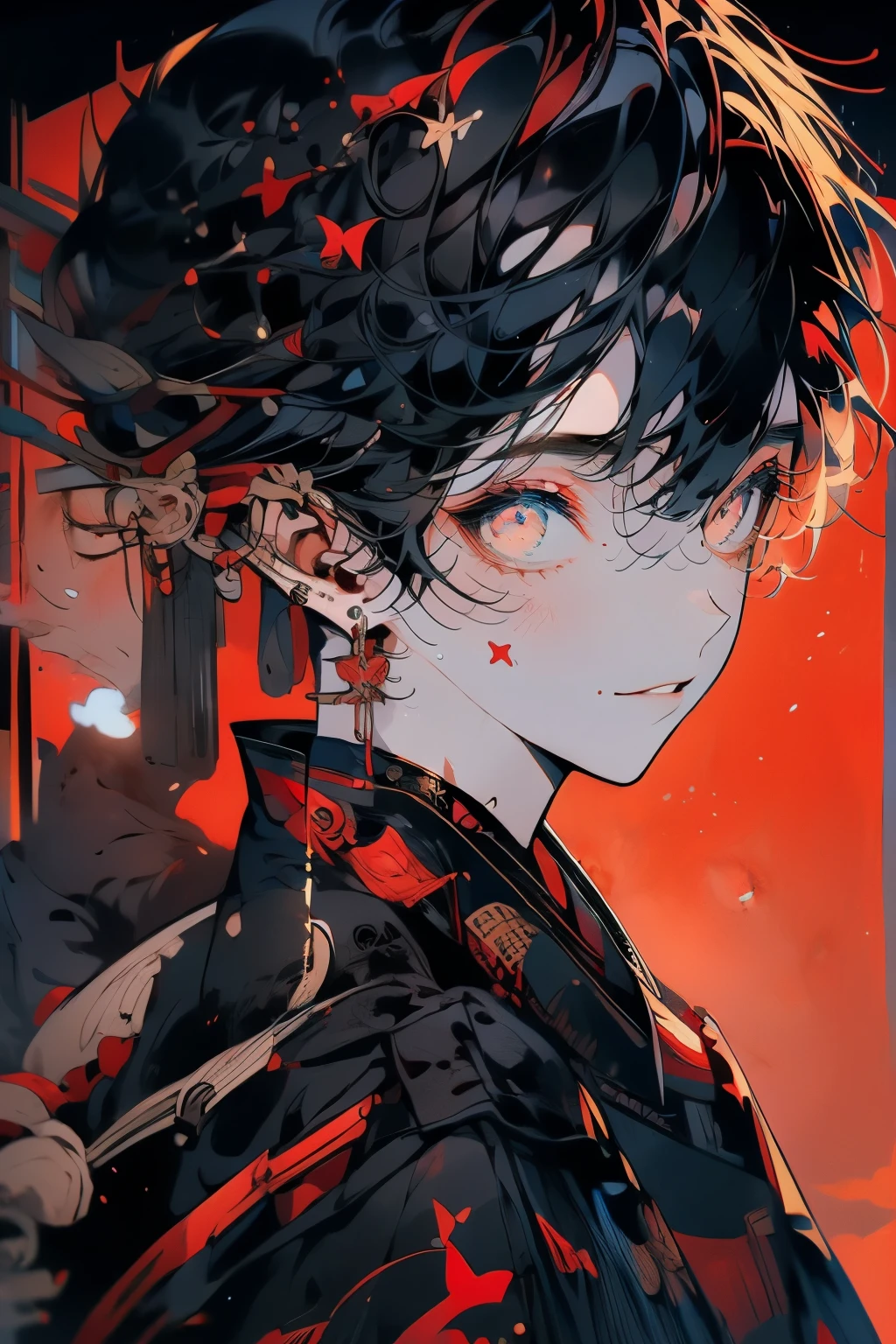 (muste piece), (best quality), very detailed, 1 boy, solo focus,perfect face, Beautiful face, very detailedな顔,(black hair:1.3),(red eyes:1.3),Light,smile,New Year,(kimono:1.4),shrine