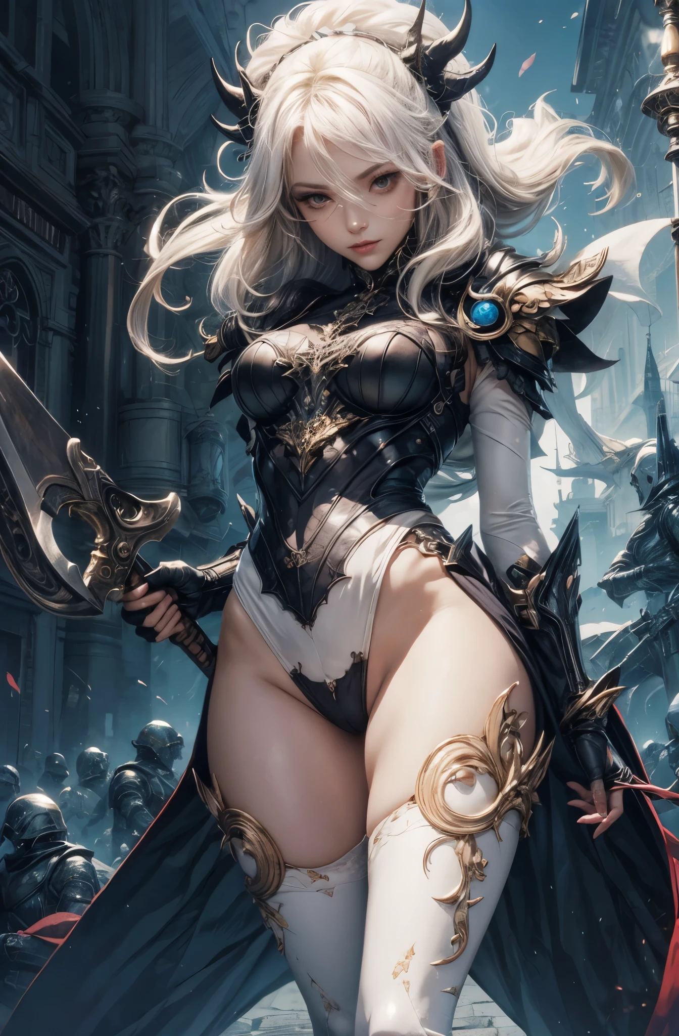 (Detailed illustrations,Very detailed and detailed drawing,Delicate lines with slow and rapid,Realistic texture expression),[Color tressed main line],(Fantasy World Battlefield Background [Burning castle]),(GIRL ROBOT 15yo (White Devil [METALFACE] (SKINNY)) [WEAPON MACHINE][milky],[BODY with EDGE [Transparent material]],[use an ax as a weapon],[[Mobile Weapon Gigant Size][Science Fiction Mechanical]],(Pearl luster on the body surface),(Intricate and beautiful decoration [Dense detail]),(Precisely drawn face)[Perfect eye details(Iris beautifully drawn in every detail)[eyes like jewels]],[long and beautiful eyelashes],[Meticulously drawn hair [More on beautiful and shiny hair]],(Perfect hand details [Beautiful fingers without breakdowns [Beautiful nails]]),(Perfect Anatomy(Perfectly proportioned))[[full body portrait]],[Ideal color coordination(Accurate simulation of light-material interactions)],[Visual art that conveys a sense of narrative].