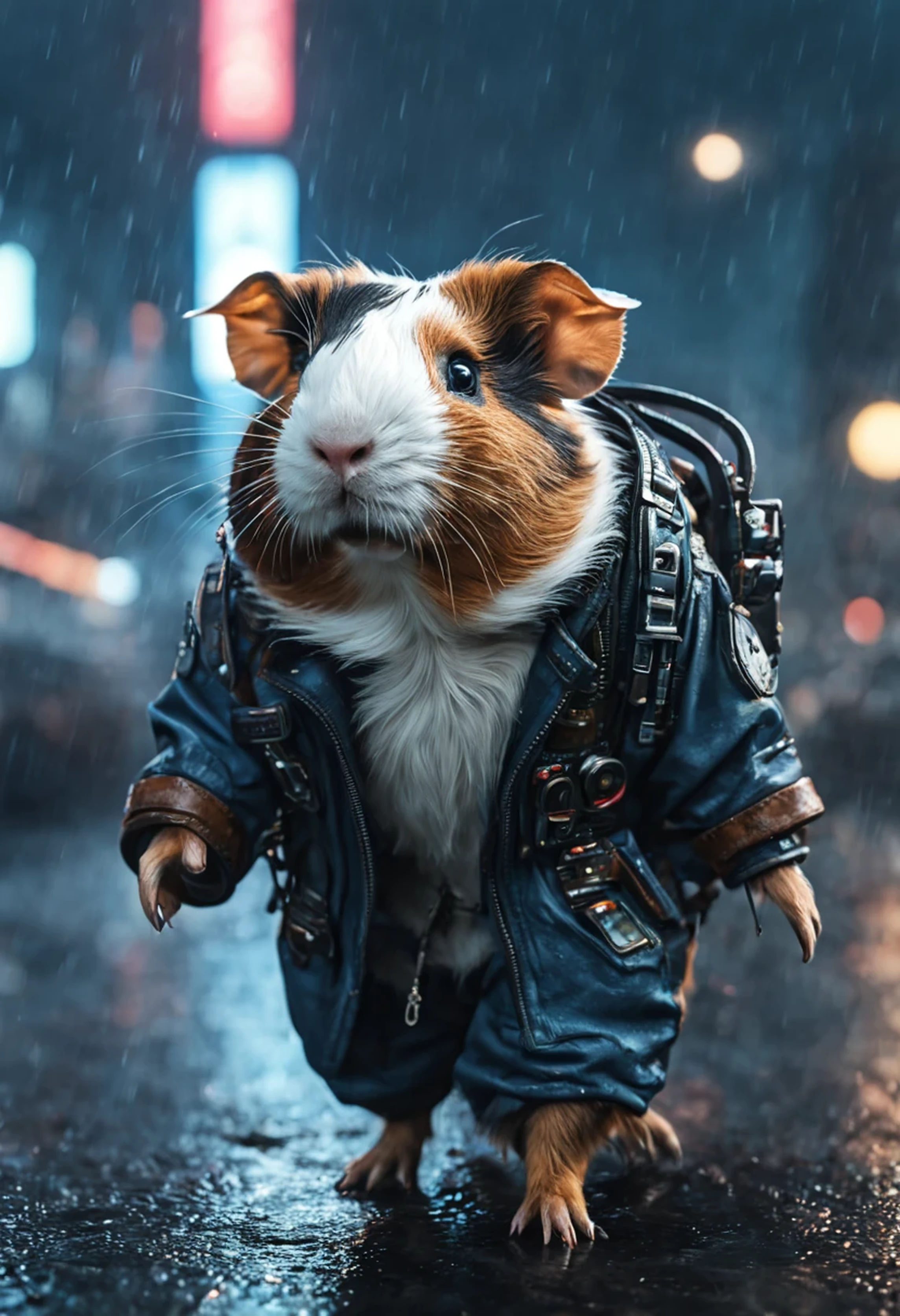 Hyperrealistic RAW analog photo of an anthro (guinea pig:1.1) (man:0.9) dressed in cyberpunk, walking through future cyber city on a rainy night, full circular moon in sky, stars,|(sharp focus, hyper detailed, highly intricate, physically based unbiased rendering:1.10), natural lighting, Extremely high-resolution details, photographic, realism pushed to extreme, fine texture, incredibly lifelike, cinematic, 35mm film, 35mm photography, film, photo realism, DSLR, 8k uhd, hdr, ultra-detailed, high quality, [[skin]]