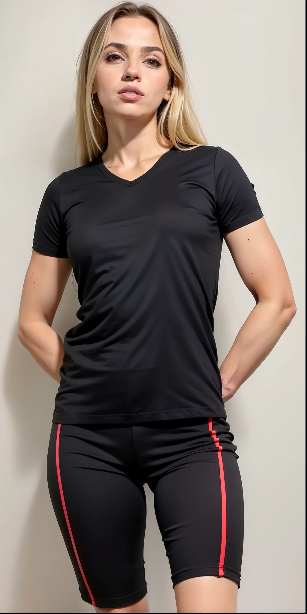 a woman in a camisa preta and shorts posing for a picture, camiseta esportiva, roupas esportivas, camiseta preta, manga curta, roupas esportivas, vestindo camiseta preta, wearing a camiseta preta, camisa preta, T-shirt preta, camiseta preta, vestindo uma camiseta preta, camisa de malha, camisa preta, camiseta molhada, Imagem oficial do produto