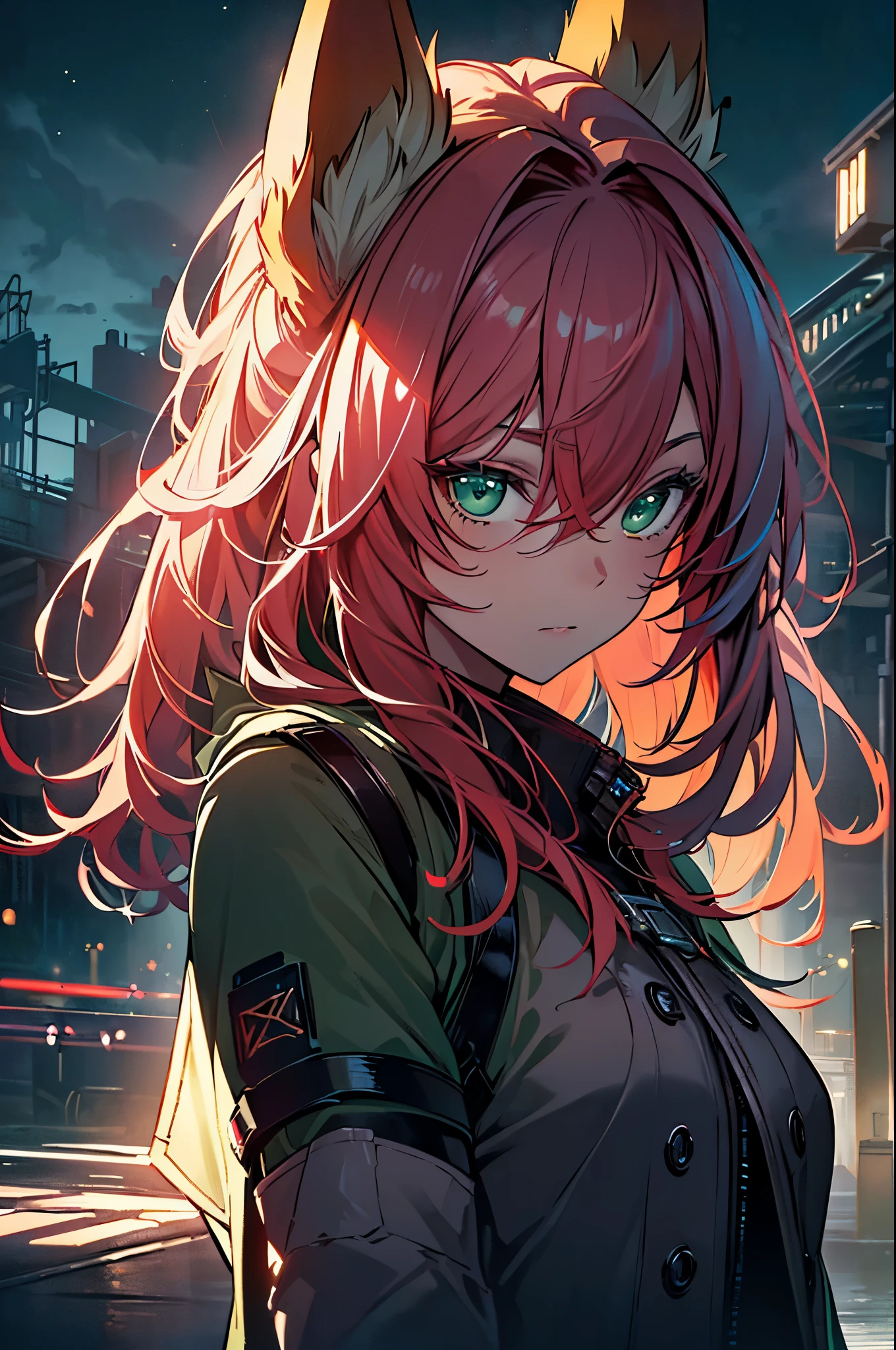 masterpiece, best quality, ((((1woman)))), (colorful),(finely detailed beautiful eyes and detailed face),cinematic lighting,extremely detailed CG unity 8k wallpaper, sky, cloudy_sky, building, moonlight, moon, night, (dark theme:1.3), light, fantasy, ((Green eyes)) ((red Hair)) ((girl)), ((Fox ears)), ((Green overcoat)), ((Tech armor))