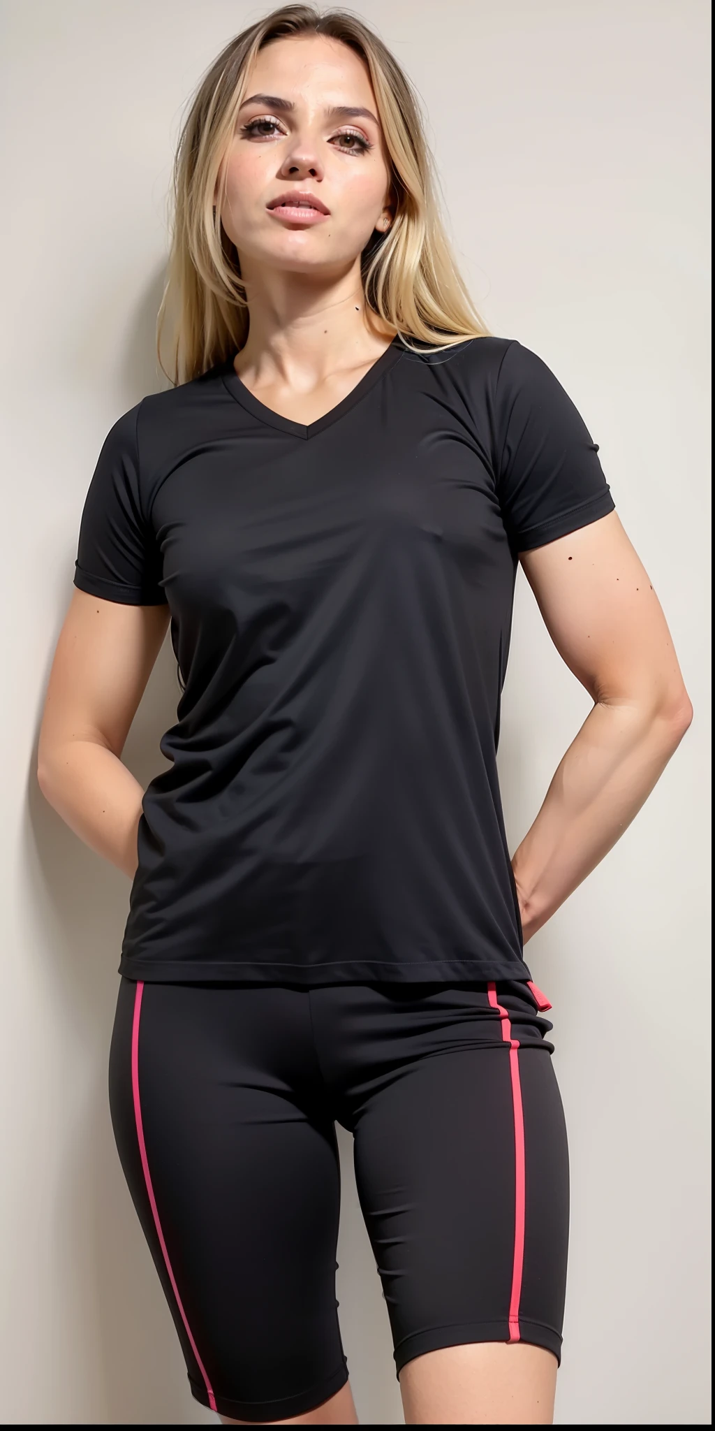 a woman in a camisa preta and shorts posing for a picture, camiseta esportiva, roupas esportivas, camiseta preta, manga curta, roupas esportivas, vestindo camiseta preta, wearing a camiseta preta, camisa preta, T-shirt preta, camiseta preta, vestindo uma camiseta preta, camisa de malha, camisa preta, camiseta molhada, Imagem oficial do produto
