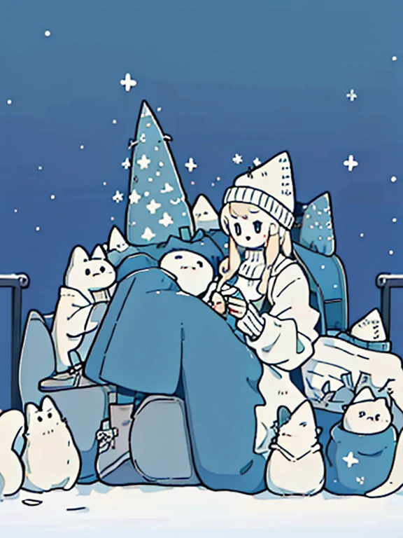 a close up of a anime woman sitting on a step with a hand on her chin, beautiful girl, attractive pose, silver necklace, beautiful model, beanie hat, winter jacket, snowing, romantic, casual pose, seductive, attractive anime girl, beautiful anime photo, alluring, aesthetic, thoughtful pose, (bokeh), best quality, masterpiece, long blonde hair, 8k, pov_eye_contact, nighttime, cyber background