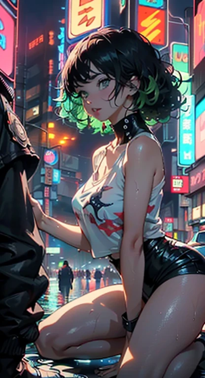 NSFW, a girl kneeling in front of a mans asterpiece, best quality, photo realistic:1.4), (shiny skin), (UHD, 8K wallpaper, High resolution), Perfect anatomy, Cinematic lighting, physically-based rendering, award-winning, extremely detailed skin, extra detailed face, eyes with beautiful details, (((1girl and 1man, couple, having SEX ))), (a man standing in front of a kneeling woman, grabbing her head), big cock, girl excited looking at cock, (girl kneeling in front of a man:1.3), (woman tilting her head up), girl staring at COCK , shot from diagonally forwardgirl youtuber,(((1girl))),((extremely cute and beautiful green curly-haired anime girl)), (short breasts:1.4),(((green curly hair:1.35,very curly hair,colored inner hair,ear breathing,short hair))),((green eyes:1.3,upturned eyes:1.erfect eyes,beautiful detailed eyes,rainbow glows ultra-detailed yellow green eyes:1.1,gradient eyes:1,finely detailed beautiful eyes:1,symmetrical eyes:1,big highlight on eyes:1.2)),((fat)),(((lustrous skin:1.5,bright skin: 1.5,skin tanned,shiny skin,very shiny skin,shiny body,plastic glitter skin,exaggerated shiny skin,illuminated skin,wet legs))),delicate detailed fingers,detailed body,human hands,(detailed face)), cute,slutty,seductive,erotic,(((nsfw))), zettai ryouiki,revealing clothing,show skin,((rave mini-skirt,visible thong straps,white loose tank top with an anime girl print)),((wet clothes,detailed outfit,detailed clothes)), (dynamic pose:1.0),embarrassed,(centered,scale to fit dimensions,Rule of thirds), ((((cyberpunk city by the ocean,huge buildings,neon signs,puddles)))),stormy sky,threatening sky,dark clouds,((synthwave background theme,detailed background : 1.25)),((((night,nice lighting decorations,detailed architecture)))), (best quality,high resolution,sharp focus,ultra detailed,extremely detailed,extremely high quality artwork,(realistic,photorealistic:1.37),8k_wallpaper,(extremely detailed CG 8k),(very fine 8K CG),((hyper super ultra detailed perfect piece)),flawles