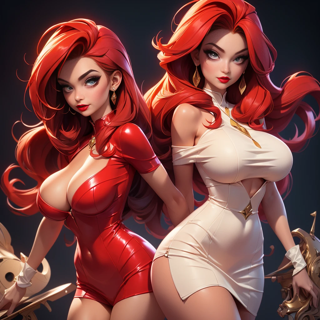 jessica rabbit, ((full body)) ((beautiful and sexy tall super model))((long messy red hair)) ((very huge breast:1.5)) ((posing sexy for the camera photoshot inside 30's night bar, with bulleyes reflctors on her)) ((perfect toned body:1.3)) ((wears tiny red shining dress with deep neckline)) ((Ultra details)) ((photo realistic:1.4)),((high definition:1.4)) ((masterpiece:1.4)) (8k) ((big bright blue eyes)), (dark eyeshadow make up)((bright red lipstick)) (())