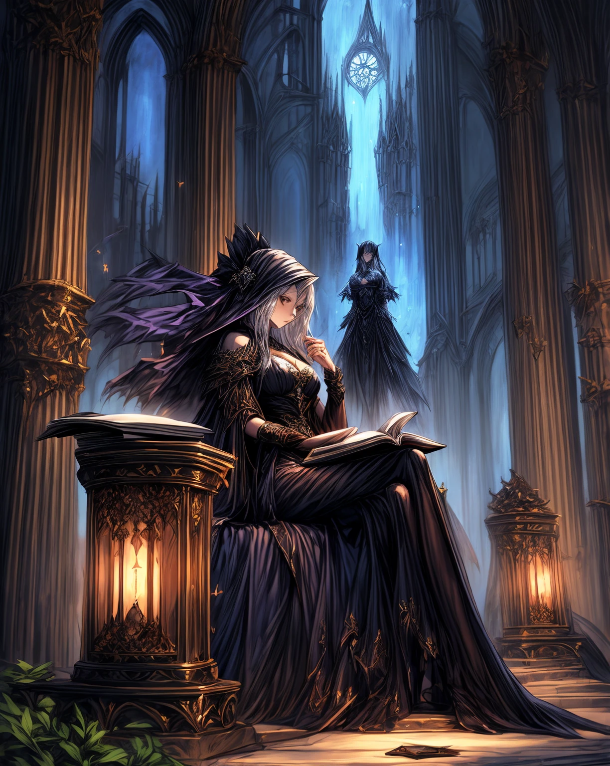 a woman sitting on the ground with a book in her hand, vanillaware artwork, magic the gathering sorceress, dark fantasy female magician, lost grimoire, beautiful female sorceress, evil sorceress witch, dark sorceress fullbody pose, evil sorceress, gothic maiden anime girl, human :: sorceress