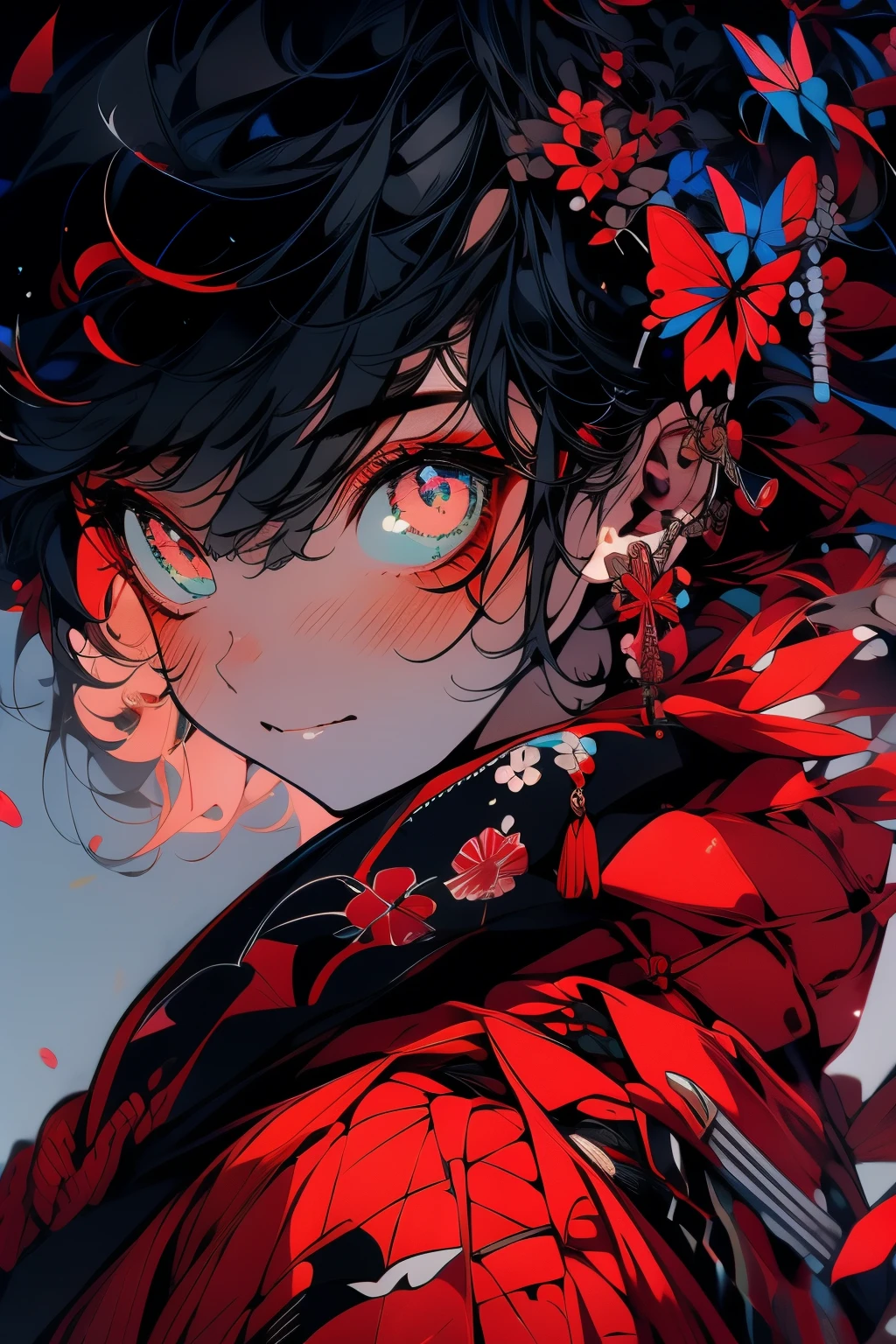 (muste piece), (best quality), very detailed, 1 boy, solo focus,perfect face, Beautiful face, very detailedな顔,(black hair:1.3),(red eyes:1.3),Light,smile,New Year,(kimono:1.4),shrine