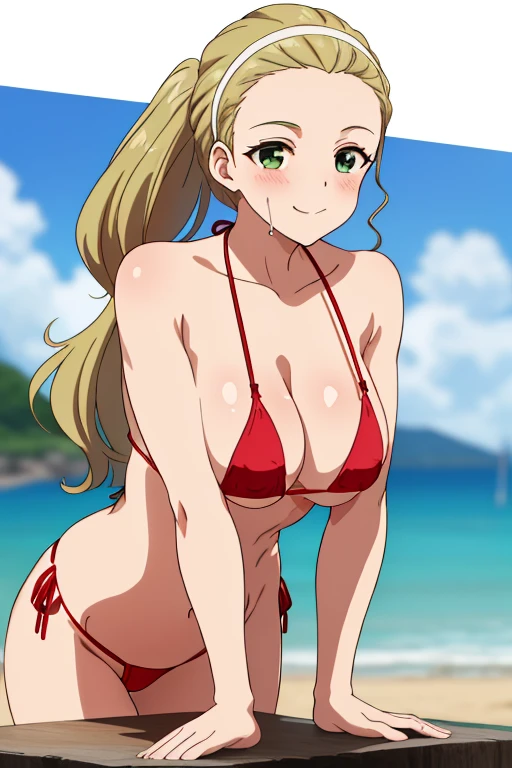 (masterpiece, top-quality, detaile, hight resolution, extremely delicate and beautiful, anime colours, 8k, photorealistic), akebi sasaki, hairband, long hair, 1girl, dark green eyes, smile, blush, (red Micro Bikini:1.5), (huge drooping breasts:2.0, cleavage, erect nipples), (Leaning forward:1.8, arms down:1.8), (slender, Upper body), (perfect detailed anatomy, Beauty details eyes, Shiny skin, beautiful breasts and cleavage), thick outline, beach, wet
