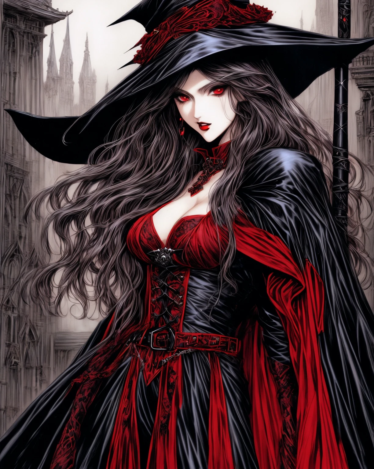 a woman dressed in a black and red costume, vampire hunter d, ( ( ( black witch hat ) ) ) ), dark fantasy female magician, castlevania witch, by Yumihiko Amano, character design : : gothic, by shirow masamune, range murata yoshitaka amano, style of luis royo, by Masamune Shirow
