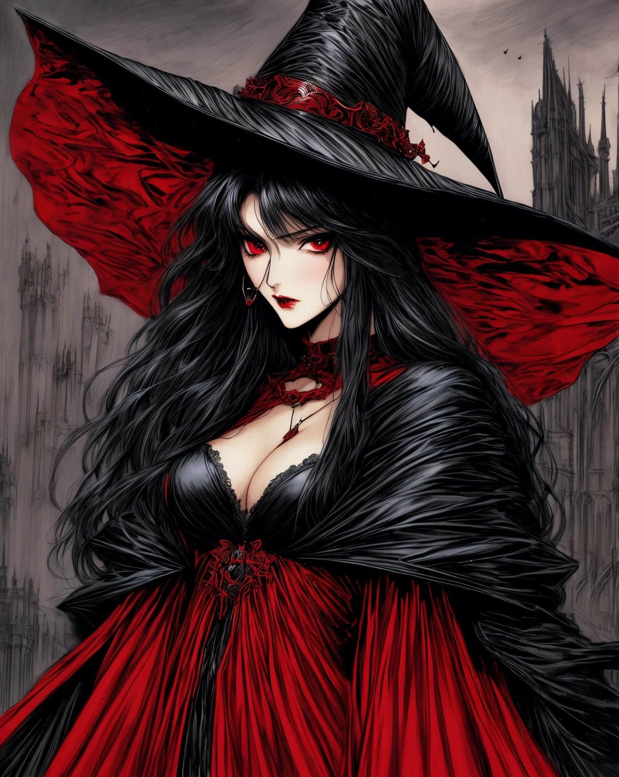 a woman dressed in a black and red costume, vampire hunter d, ( ( ( black witch hat ) ) ) ), dark fantasy female magician, castlevania witch, by Yumihiko Amano, character design : : gothic, by shirow masamune, range murata yoshitaka amano, style of luis royo, by Masamune Shirow
