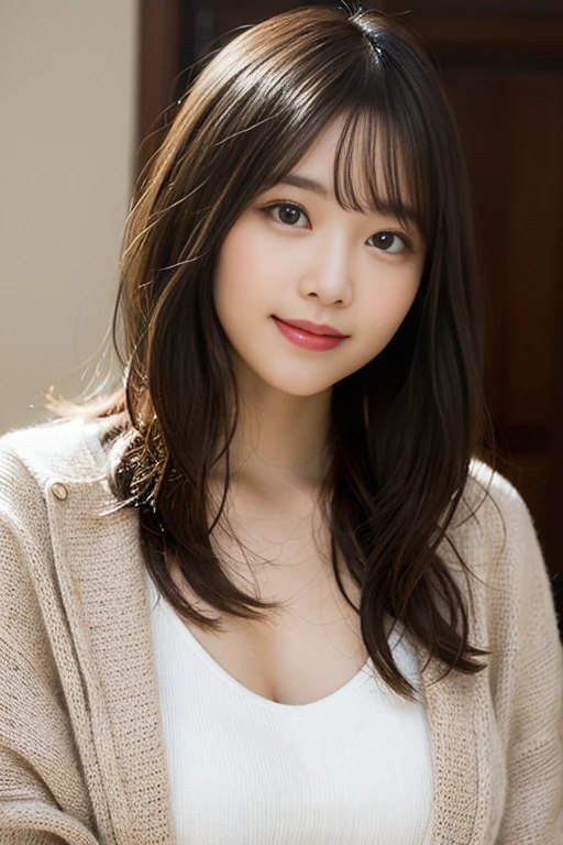 Bathrobe,masutepiece, Best Quality, Naughty smile、knit、Illustration, Ultra-detailed, finely detail, hight resolution, 8K Wallpaper, Perfect dynamic composition, Beautiful detailed eyes, knit,Medium Hair,Natural Color Lip, bath robe、Bold sexy poses,Smile,Harajuku、20 years girl、Cute、Sexy shot looking at camera、C Cup、Brown hair、cacique#39;s face