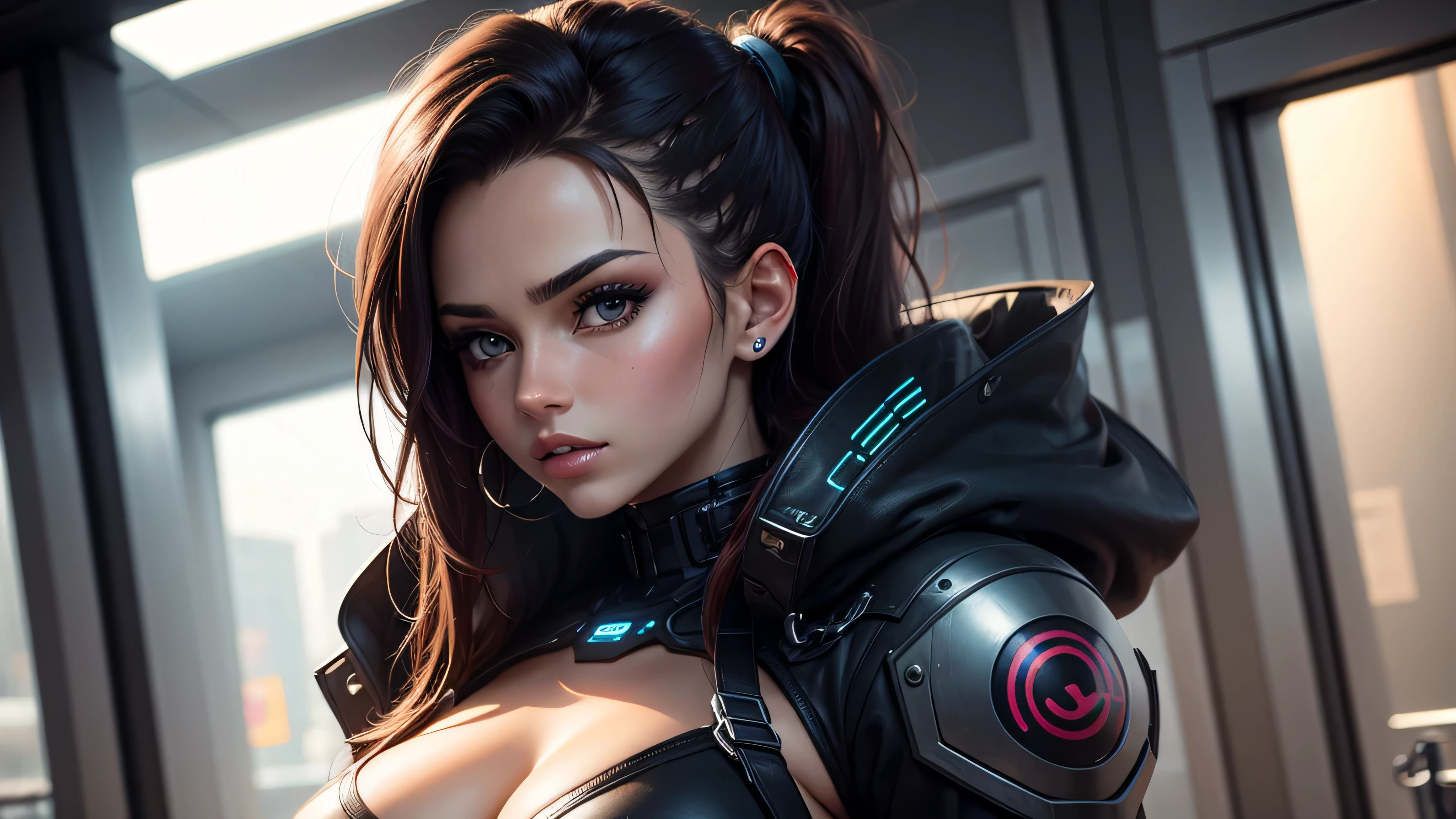 mujer hermosa , ojos cafes hermosos , cabello negro , estilo cyber punk