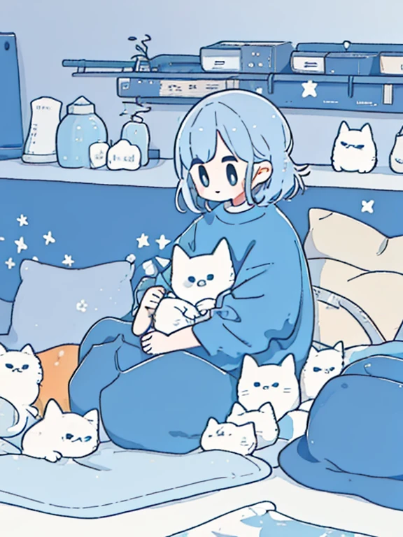 masterpiece:1.3, best quality:1.3, highly detailed, 8k raw, sunset:1.3, female_solo, kneeling_down, hug a cat, laying on bed, detailed bedroom, wearing tshirt and skirt, sneakers, light_blue_eyes, look happy, light silver hair, shiny hair, cozy and casual, animeniji, portrait, cat