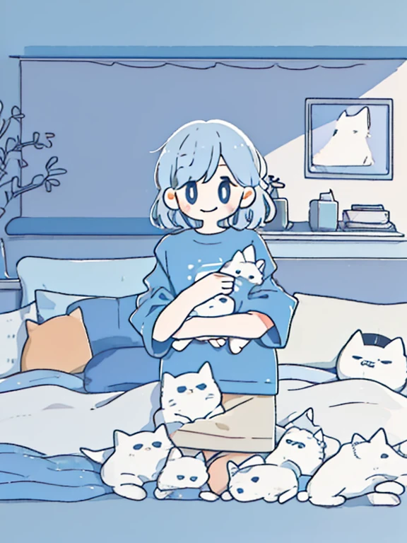 masterpiece:1.3, best quality:1.3, highly detailed, 8k raw, sunset:1.3, female_solo, kneeling_down, hug a cat, laying on bed, detailed bedroom, wearing tshirt and skirt, sneakers, light_blue_eyes, look happy, light silver hair, shiny hair, cozy and casual, animeniji, portrait, cat