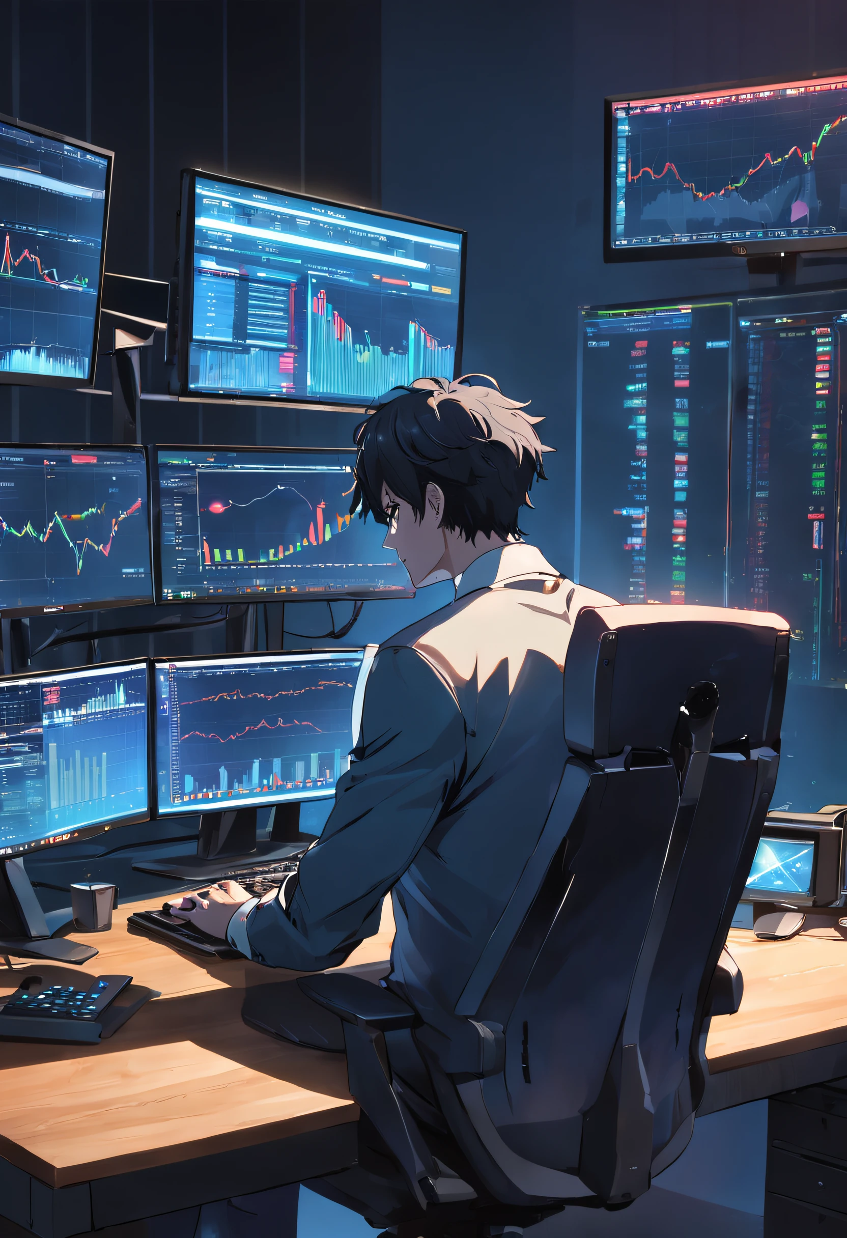There is a man sitting at a table with two computer monitors, sentado em um computador, sentado em frente ao computador, olhando para o monitor, displaying stock charts, sentado em uma mesa de computador, na frente de um computador, negotiation, negotiation stocks,