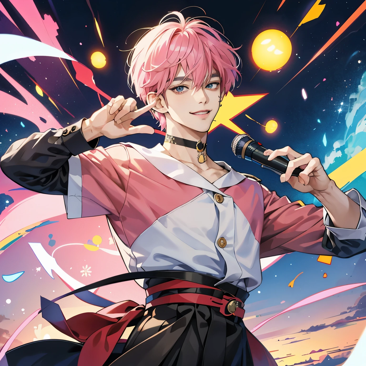 Guviz-style artwork, Made at Anime Painter Studio, anime realismスタイル, realistic anime art style, Drawn at Anime Painter Studio, Inspired by Kim Taehyung, In an anime style, anime handsome guy, Inspired by Kim Taehyung, anime realism、pink hair、A sloppy smile、choker、Multiple piercings、Man with short hair、Male one、Inspired by Kim Taehyung、Inspired by Kim Taehyung、peace sign、open leg