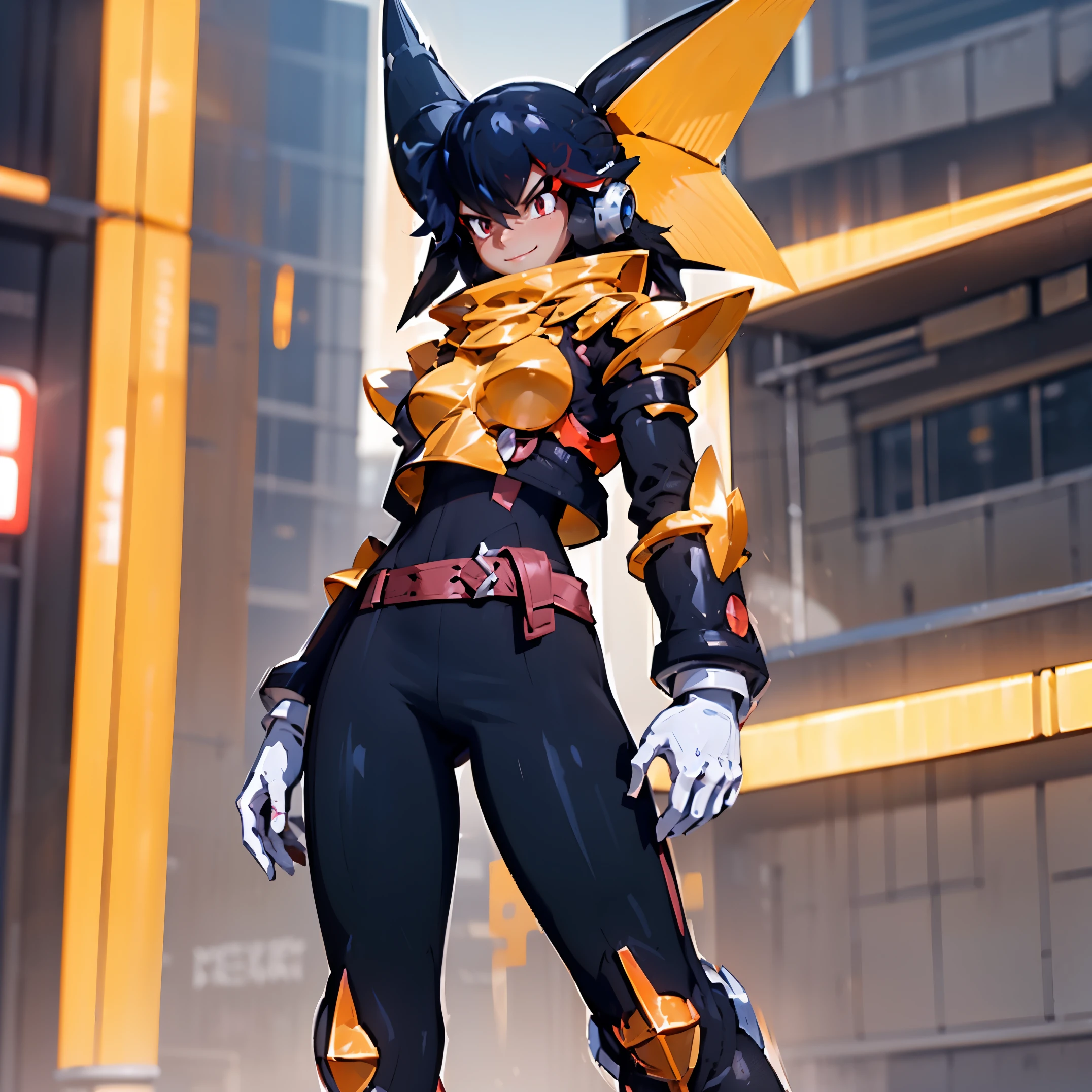 (High resolution, Best quality, Extreme definition, High quality, 8k, 4k, UHD, 1Girl, highly detailed) Ryuko from Kill La Kill from pokemon wearing bass.exe armor, with heavy black armor plates with purple trim. Heavy yellow bracers are bolted to her arms and legs, as heavy black boots and white gloves are fitted neatly to her body. Over this armor she wears red jacket, which now compliments Ryuko’s new helmet. Her armored biker jacket, now open, reveals the fur inside. Her new metallic outfit glistens in the light, reflecting Ryuko’s surroundings. Ryuko’s face now confidently looks at the viewer, with a closed smile encoding her confidence, eyes intrigued by what the viewer thinks of her outfit. Her helmet is tightly fitted, intricately detailed with red panel work as her long brown hair flows down to her knees. Her heavily armored and styled black outfit has a large belt, with heavily armored segments along it, with heavy-duty belt buckle fastening it tightly. Her Black Fur Jacket is lined with red trim