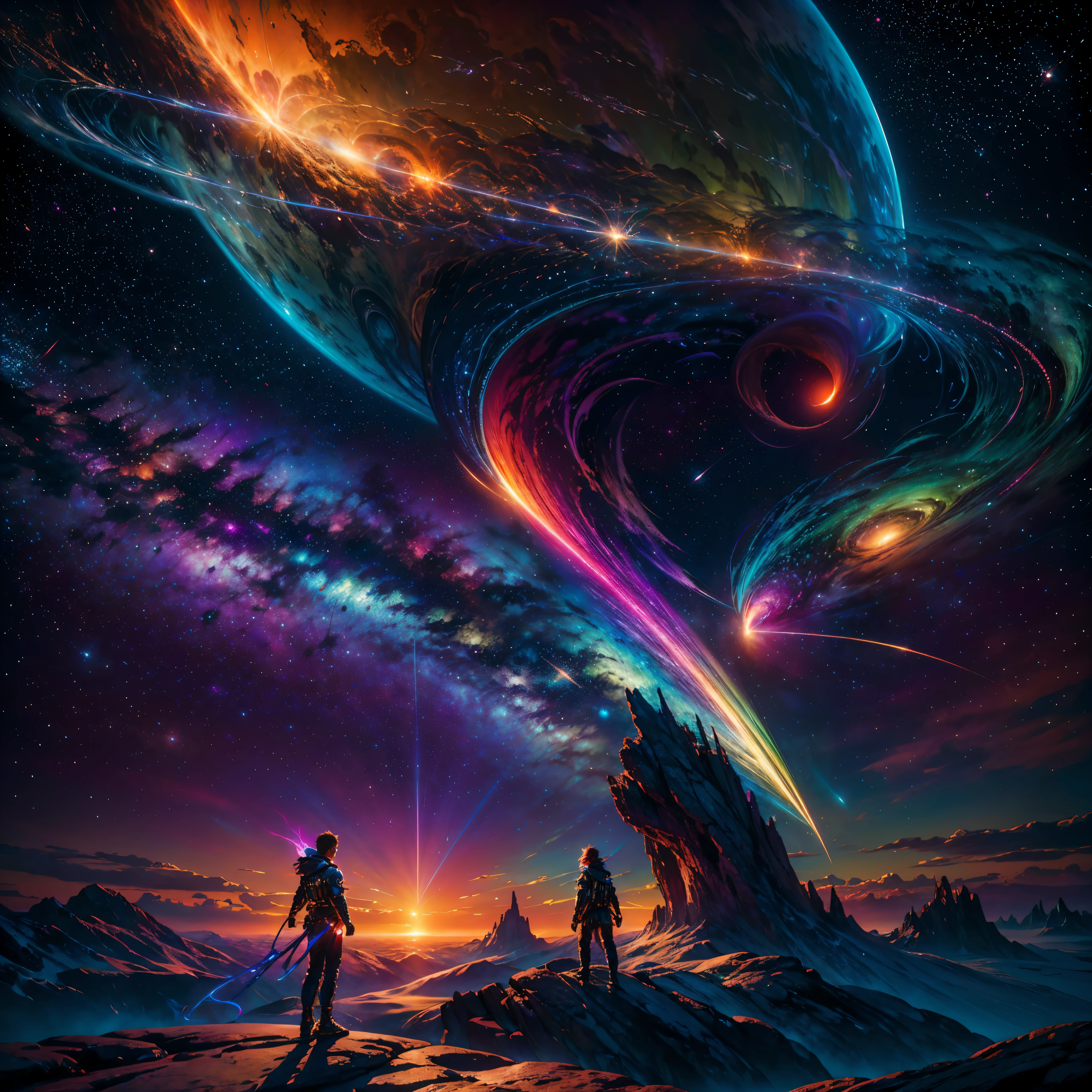 Vibrant Nebulae Octans by_Mappa ((Rain_Color Colorful_liquid_on_naked_body:1.3 Colorful_body Colorful_ink_on_hair:1.2 sunset Rainbow Abundant_colorful_liquids White_liquid fullbodye wet_Color_liquid)) In the vast expanse of the cosmos, a breathtaking image unfolds before your eyes. In the heart of a starry galaxy, vibrant nebula dance and swirl, their ethereal colors blending and intertwining. The scene is a symphony of cosmic beauty, with tendrils of interstellar dust and gas reaching out into the void. The stars shine with an otherworldly brilliance, illuminating the cosmic tapestry that stretches across the vastness of space. It is a visual feast for the senses, an awe-inspiring glimpse into the wonders of the universe. BREAK,Detailed,Realistic, highly detailed digital art,octane render, bioluminescent, BREAK,by Mappa studios,masterpiece,best quality,official art,illustration,ligne claire,(cool_color),perfect composition,absurdres, fantasy,focused,rule of thirds masterpiece meticulously intricate ultra_high-details extreme improved ultra_high-quality ultra_high-res ultra_photo-realistic optimal ultra_sharpness perfection accurate volumetric SunLight Lightning_contrast global_illumination cgi vfx sfx reflex Octane_rendered ultra_high-def UHD XT3 DSLR HDR romm rgb pbr 3dcg fxaa blu-ray vivid colors-coded anti-aliasing fkaa txaa rtx ssao opengl-shaders glsl-shaders post-processing post-production cell-shading tone-mapping ❤luminescence Heart glow hearth Crystalline earth varies multi etc. --s 1000 --c 20 --q 20 --chaos 100