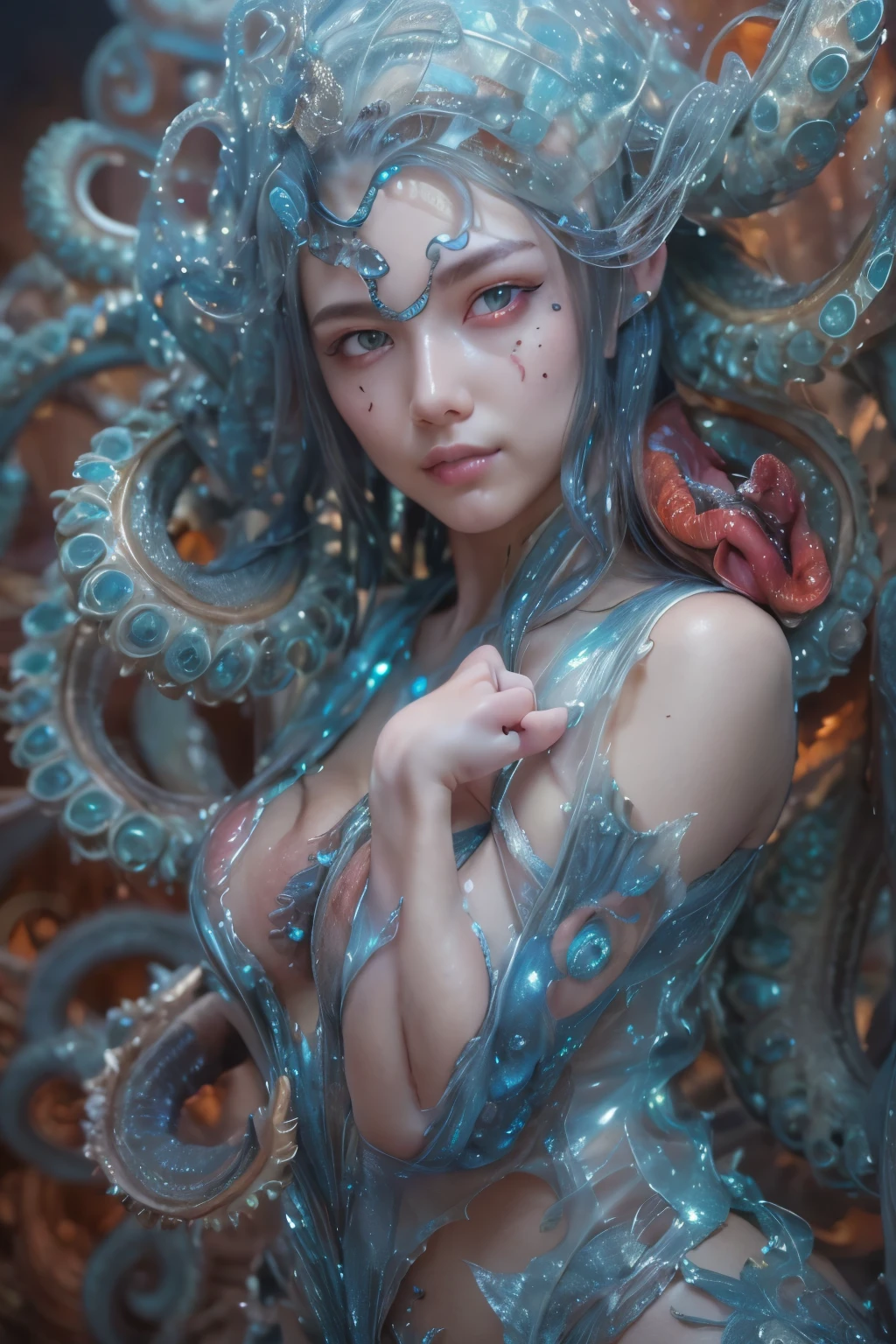 Portrait, (beautiful female alien:1.2), (she has red eyes with no pupils:1.8), (Translucent skin:1.7), (There is a female genital-like organ in the middle of the forehead..:1.9), (The most beautiful face in the history of the universe:1.2),an evil gaze that seduces, (large mouth:1.1), (sharp teeth like a vampire:1.2), Full body portrait, (bio luminescent:1.5), (Smile wickedly:1.3), (sexypose:1.5), alien, No humans, cells are fused, (Lots of translucent tentacles:1.3) extraterrestrial, cell, bio image, best quality, 8K,In 4K_quality, High freshness, Dramatic Lighting, masutepiece:1.5,cinematic quality, detail up, (exquisite details:1.2), high resolution, High freshness, drawing faithfully, (Thick eyebrows:1.2), Beautiful eyes with fine symmetry,(Highly detailed face and eyes:1.2), Intimate face, (Super detailed skin quality feeling:1.4), perfect anatomy, (Beautiful toned body:1.5), (Moist skin:1.2), not wearing makeup, (dark circles:1.1), long canines, cinematic drawing of characters, ultra high quality model, cinematic quality, detail up, (exquisite details:1.2), high resolution, High freshness, drawing faithfully, official art, Unity 8K Wall , 8K Portrait, best quality, Very high resolution, ultra detailed artistic photography, midnight aura, unreal enginee 5, Ultra Sharp Focus, art by alberto seveso, ArtGerm, Roisch, intricate artwork, best quality, masutepiece, ultra high resolution, (photos realistic:1.4), ultra realistic realism, dream-like, nautilus, Creation of fantasy, Snail, Dream Snail, biopunk nautilus, Thrilling color schemes, ultra realistic realism, seductively smiling, Blue tentacles,