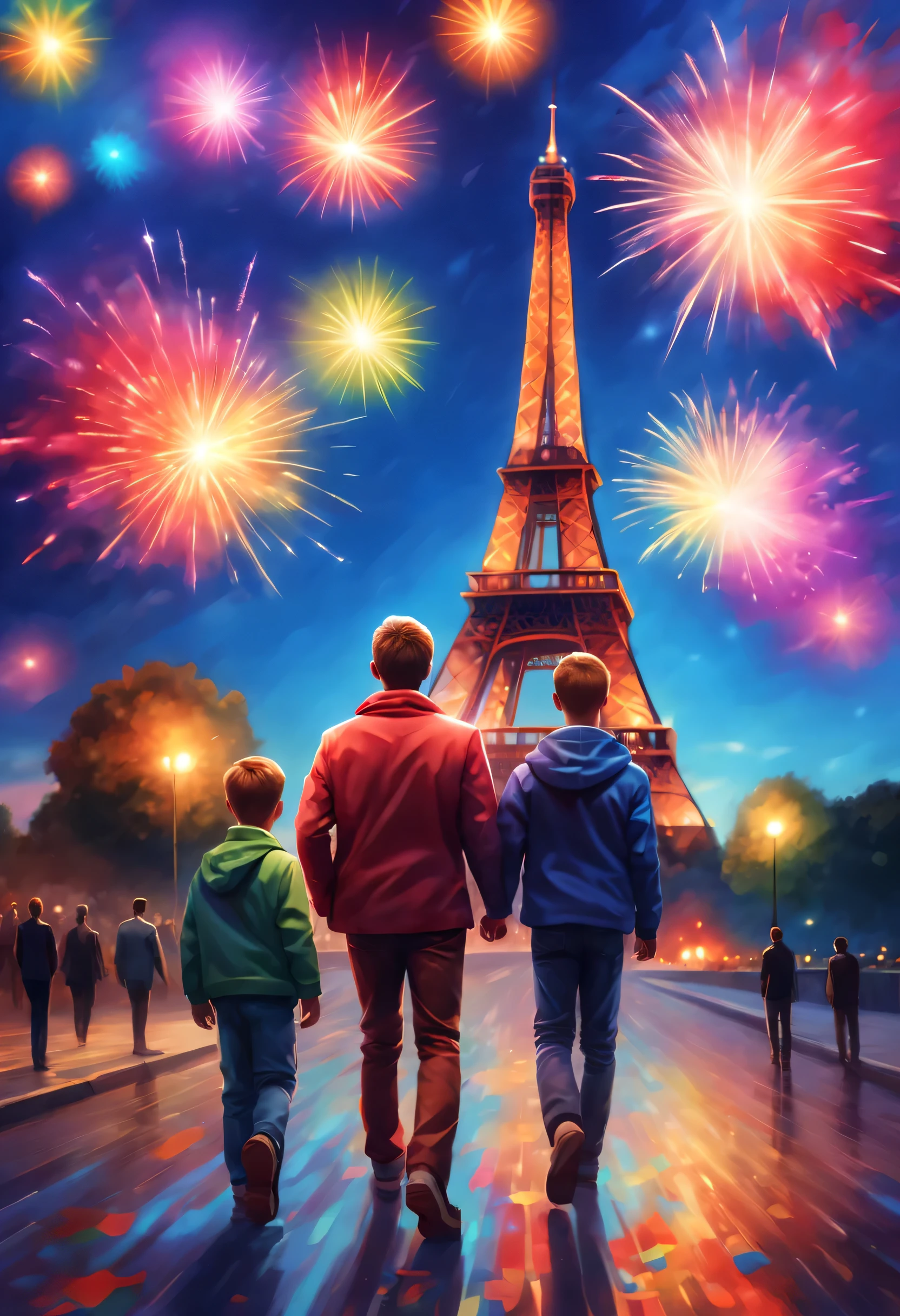 ((2024 logo, Firework symbol surround the word 2024)). (Masterpiece), (Best Quality), (Ultra-detailed), Artistic painting, hyper-realism, Impressionism, dreamlike atmosphere, In a impressionism style, An iconic landmark of Paris emerges as a whimsical dreamscape. A colorful firework on the sky, can see the Eiffel Tower at the end of the road, ((multiple boys, sky, cloud, 2boys, bag, from behind, star (symbol), star (sky), new year ,2024, template, background looking down the city's historic architecture and vibrant culture)) which take a surreal twist. Night time fireworks. Paris, Eiffel Tower, cosmic colors of Vincent van Gogh's Starry Night with the surreal celestial precision of Salvador Dalí, echo Turner's atmospheric touch, blurring the line between reality and fantasy and fireworks in sky. Happy New Year 2024, New Year 2024, standing, male focus, outdoors.