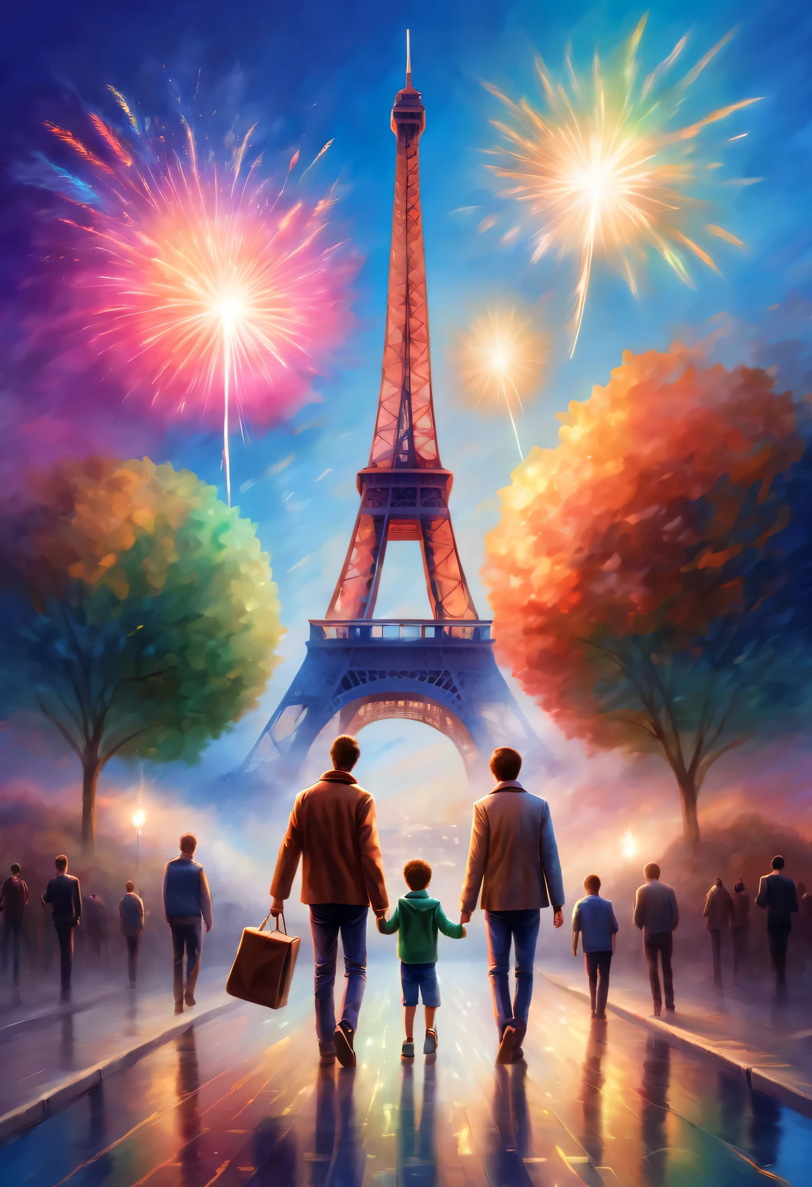 (Masterpiece), (Best Quality), (Ultra-detailed), Artistic painting, hyper-realism, Impressionism, dreamlike atmosphere, In a impressionism style, An iconic landmark of Paris emerges as a whimsical dreamscape. A colorful firework on the sky, can see the Eiffel Tower at the end of the road, ((multiple boys, sky, cloud, 2boys, bag, from behind, star (symbol), star (sky), new year ,2024, template, background looking down the city's historic architecture and vibrant culture)) which take a surreal twist. ((2024 logo, Firework symbol surround the word 2024)). Night time fireworks. Paris, Eiffel Tower, cosmic colors of Vincent van Gogh's Starry Night style, echo Turner's atmospheric touch, blurring the line between reality and fantasy and fireworks in sky. Happy New Year 2024, New Year 2024, standing, male focus, outdoors.