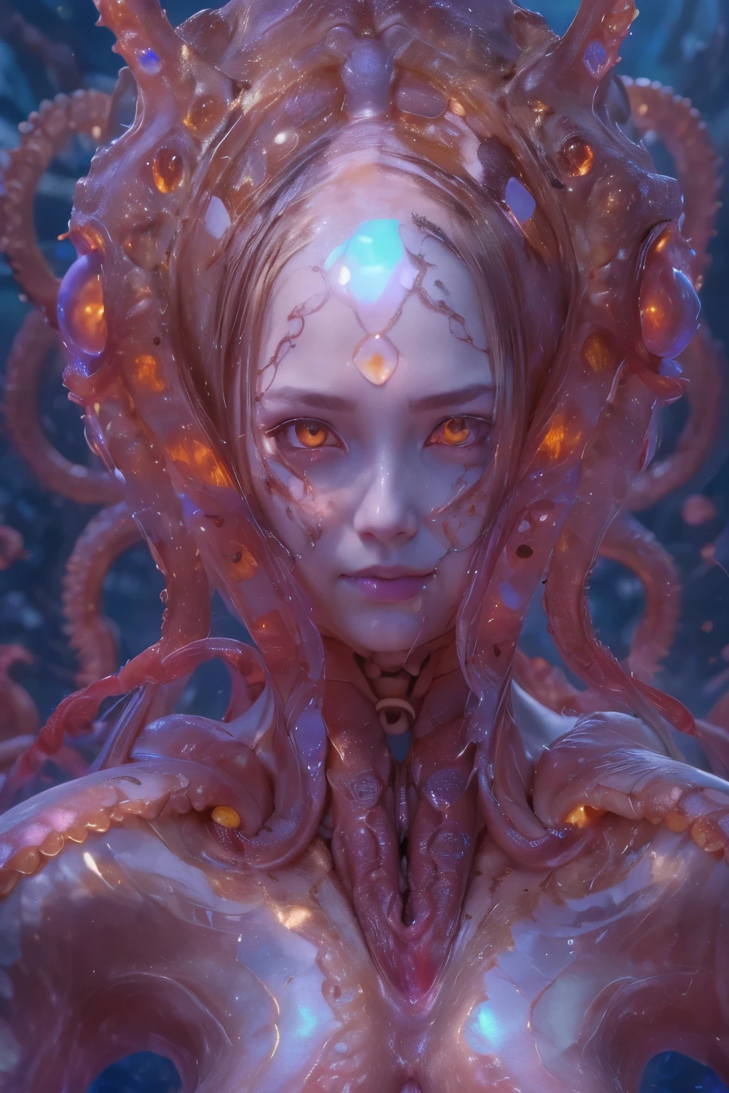 Portrait, (beautiful female alien:1.2), (she has red eyes with no pupils:1.8), (Translucent skin:1.7), (There is a female genital-like organ in the middle of the forehead..:1.9), (The most beautiful face in the history of the universe:1.2),an evil gaze that seduces, (large mouth:1.1), (sharp teeth like a vampire:1.2), Full body portrait, (bio luminescent:1.5), (Smile wickedly:1.3), (sexypose:1.5), alien, No humans, cells are fused, (Lots of translucent tentacles:1.3) extraterrestrial, cell, bio image, best quality, 8K,In 4K_quality, High freshness, Dramatic Lighting, masutepiece:1.5,cinematic quality, detail up, (exquisite details:1.2), high resolution, High freshness, drawing faithfully, (Thick eyebrows:1.2), Beautiful eyes with fine symmetry,(Highly detailed face and eyes:1.2), Intimate face, (Super detailed skin quality feeling:1.4), perfect anatomy, (Beautiful toned body:1.5), (Moist skin:1.2), not wearing makeup, (dark circles:1.1), long canines, cinematic drawing of characters, ultra high quality model, cinematic quality, detail up, (exquisite details:1.2), high resolution, High freshness, drawing faithfully, official art, Unity 8K Wall , 8K Portrait, best quality, Very high resolution, ultra detailed artistic photography, midnight aura, unreal enginee 5, Ultra Sharp Focus, art by alberto seveso, ArtGerm, Roisch, intricate artwork, best quality, masutepiece, ultra high resolution, (photos realistic:1.4), ultra realistic realism, dream-like, nautilus, Creation of fantasy, Snail, Dream Snail, biopunk nautilus, Thrilling color schemes, ultra realistic realism, seductively smiling, Blue tentacles,
