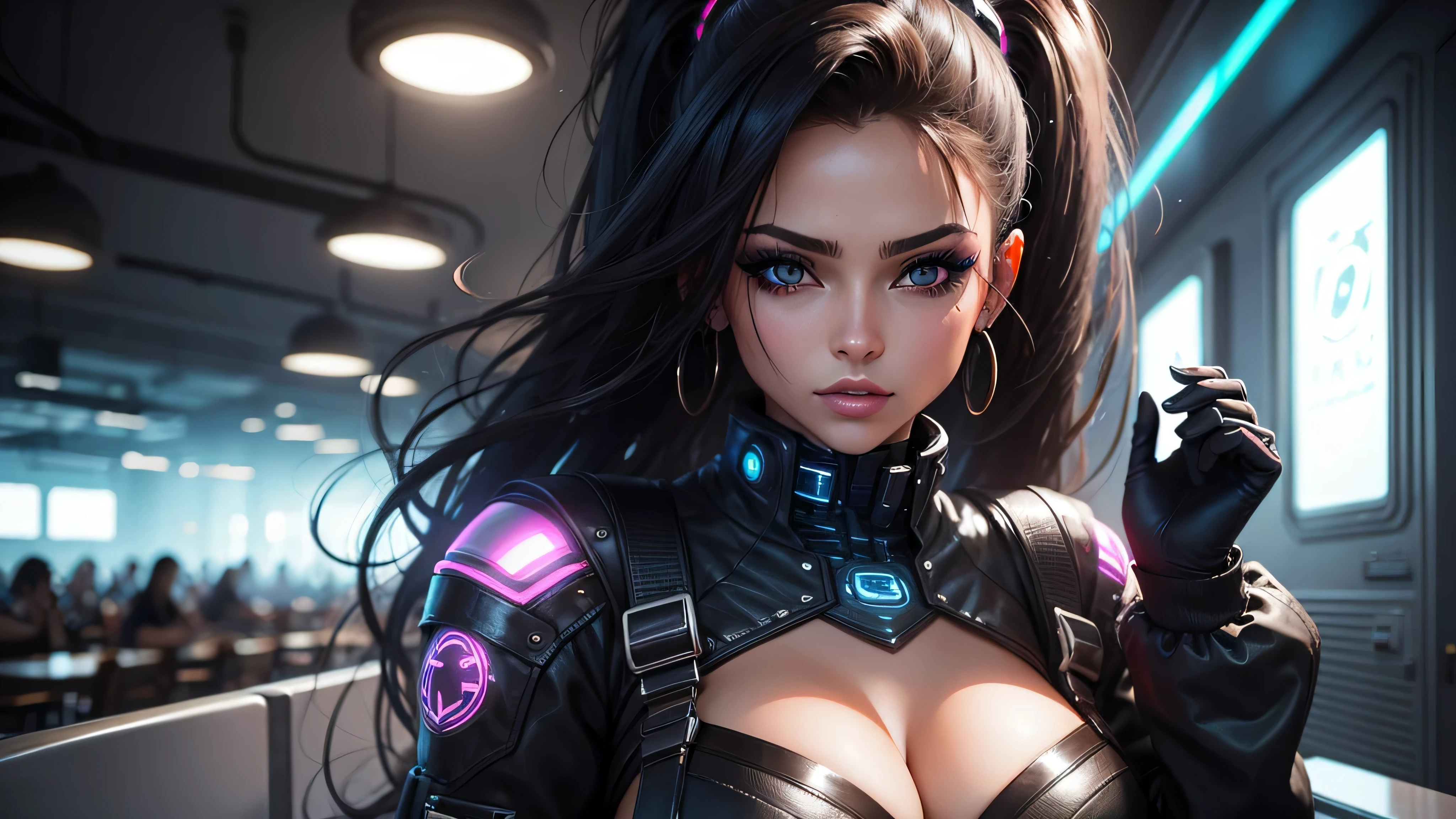 mujer hermosa , ojos cafes hermosos , en lenceria, cabello negro , estilo cyber punk