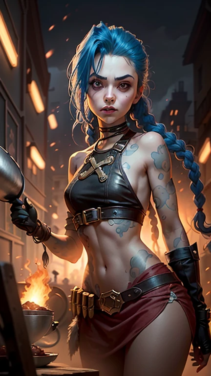 ((Best quality)), ((chef-d'artwork)), (very detailed: 1.3), Jinx endured unimaginable loss and abandonment, she embraced a life of chaos and destruction. Known for her inventive and explosive abilities, son corps sexy. Jinx becomes an icon of rebellion against the oppressive forces that control the city. Cependant, tormented by guilt and battling inner demons, She must face her past and decide whether to continue on the path of anarchy or seek redemption amidst the turmoil. Explore Jinx's journey as he navigates a treacherous world, Lutter pour survivre, Chaos reigns supreme, And at the heart of it all is Jinx, The embodiment of unpredictability. Plongez dans l'esprit tordu de Jinx, Exploring the origins of his madness and the driving force behind his destructive nature. Discover the moments that made her the deranged character, iconic and desirable that we know. Take us on a wild ride through the bustling streets of Piltover and the dark underbelly of Zaun as Jinx wreaks havoc with her explosive arsenal. Can redemption find its way into Jinx's fractured soul ?? Or will he always dance on the edge of sanity, embrace the chaos that fuels one's very existence? Arcane's fate hangs in the balance as Jinx's path intertwines with unlikely allies and formidable foes. Ignite your imagination and paint a vivid portrait of Jinx's twisted psyche, capturing the essence of her madness the indomitable spirit that defines her, hdr (High dynamic range),laser trace,NVIDIA RTX,pas de culotte,Super-resolution,Unreal 5,Dispersion souterraine,Texturation PBR,Post-traitement,filtrage anisotrope,Profondeur de champ,Maximum