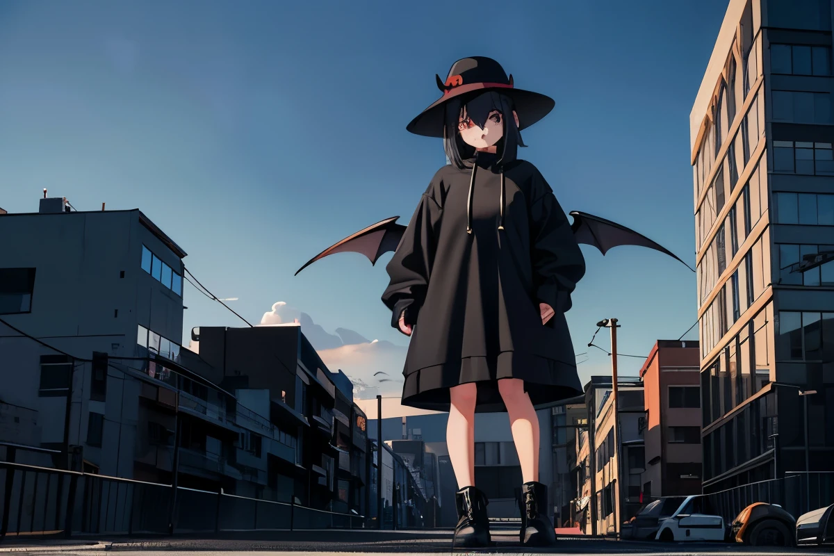 20-year-old、woman、black wide-brimmed hat、black hair、Hairstyle Bob、black eyes、black hoodie dress、black long socks、Black platform boots、20m devil wings、No horn、human ear、E cup、behind、On the building、null、Niō Standing